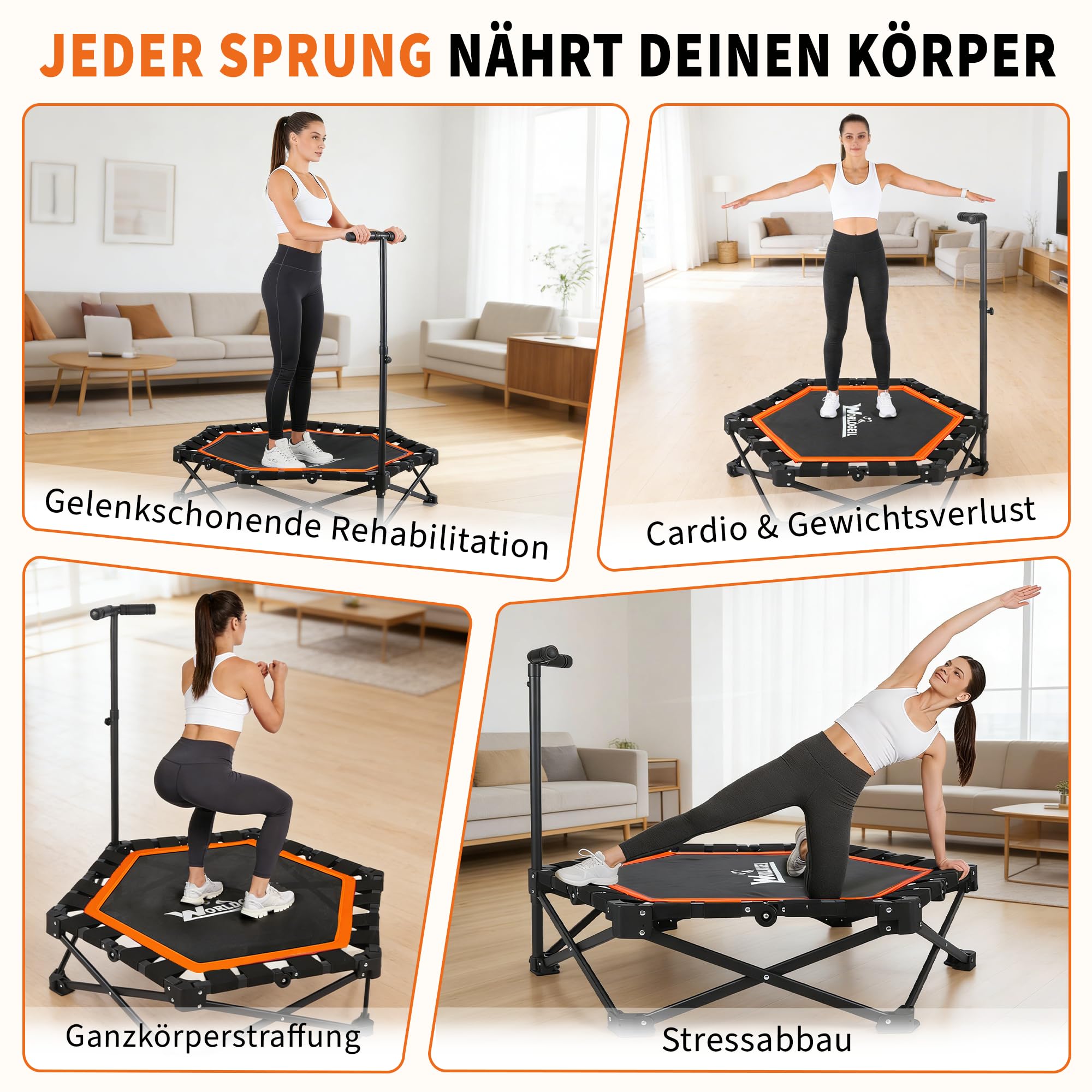Trampolin Indoor Klappbar - Mini Trampolin mit Höhenverstellbarer Handgriff - Tragkraft 150 kg - Ø 86.5 cm - Jumping Trampolin Fitness für Erwachsene & Kinder - Sport Geräte für Zuhause