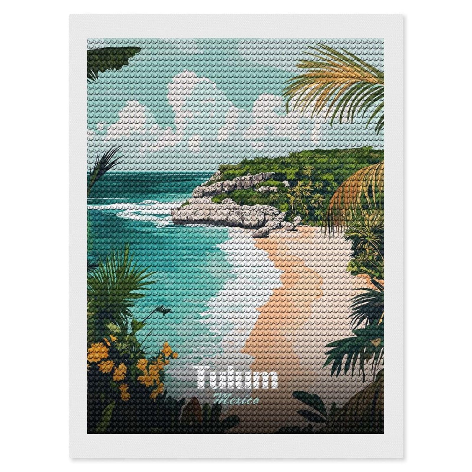 Junmoney Tulum Mexico Beach Landscape Illustration Full Drill Diamond Painting Kit 12"x16", for Teens, Adhesive Canvas, Bedroom Decor, Holiday Gift Idea