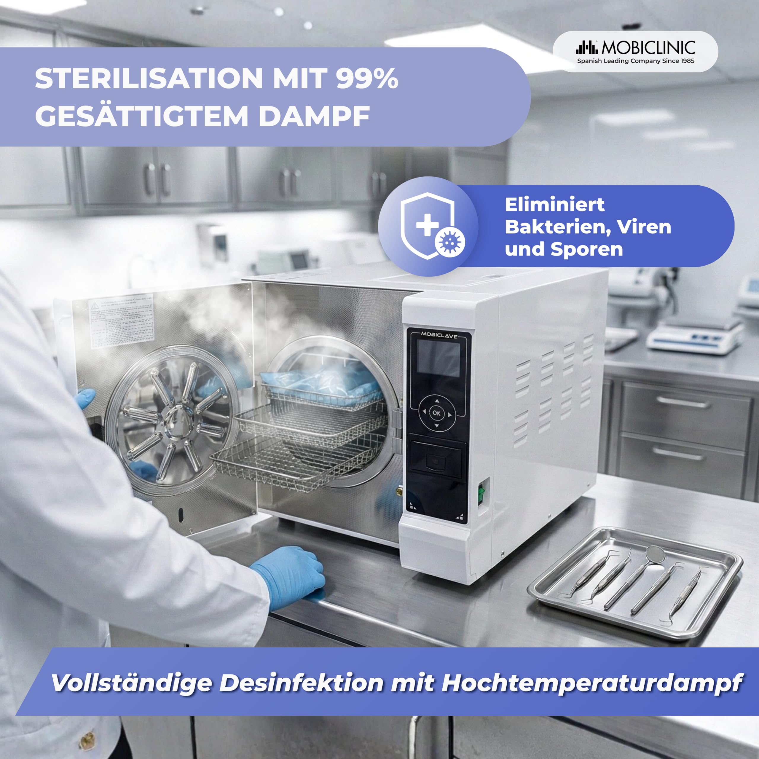 Mobiclinic®, Professioneller Autoklav, 12L-Dampfautoklav-Sterilisator, 99% Desinfektionsmittel mit 360°-Abdeckung, LCD-Bildschirm, anpassbare Programme, Drucker, USB, Kliniken und Labore, MobiClave