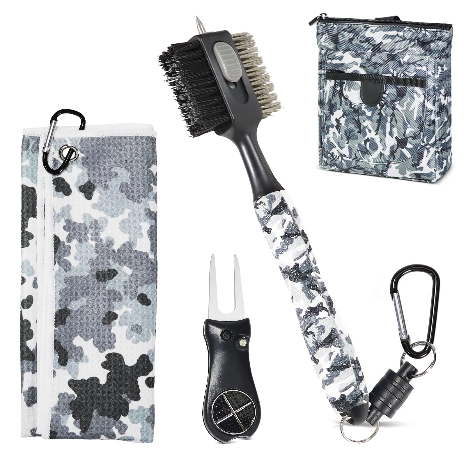HUAENGolf Club Cleaning Kit Golf Accessories Kit,Divot Repair Tool with Golf Ball Marker,Golf Club Brush with Groove Cleaner,Golf Pouch, Golf Towel