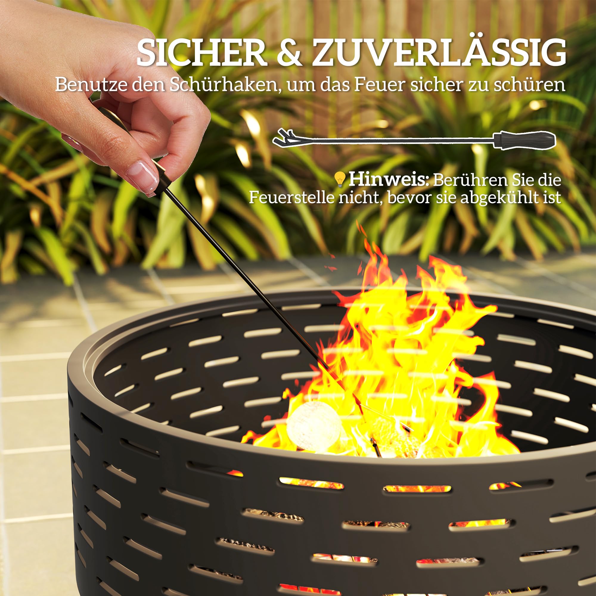 Outsunny 3-in-1 Feuerschale mit Edelstahl-Grillrost Ø60x39cm Kohlegrau | Feuerstelle, Schürhaken, Funkenschutz, in Holzoptik, Feuerschalen Feuerkorb, für Garten, Balkon Terrasse