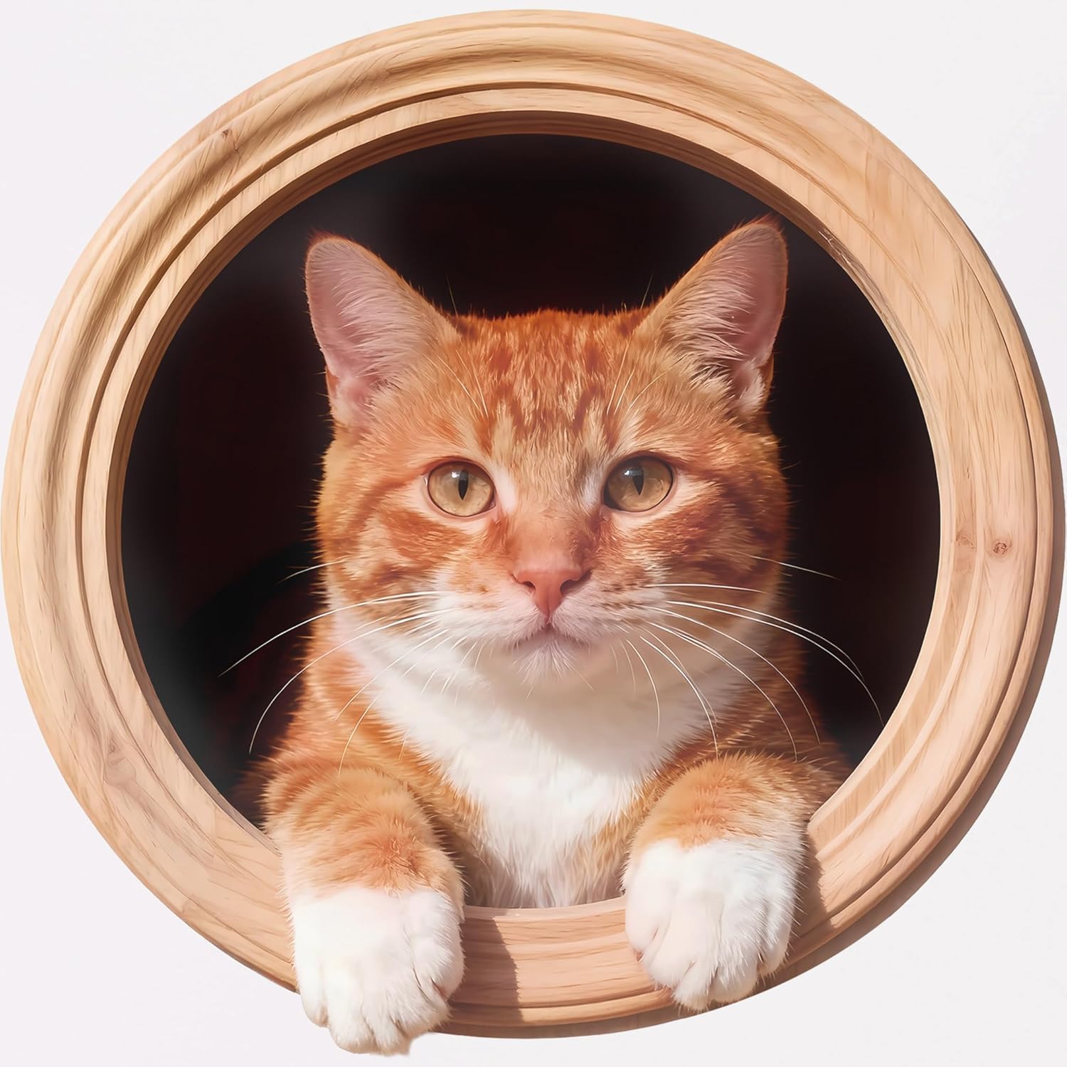 FLFK Cute Cat Wall Decal - Removable Peel and Stick Wall Sticker with 3D Effect for Door Toilet Kitchen Offices, Orange Cat in Porthole