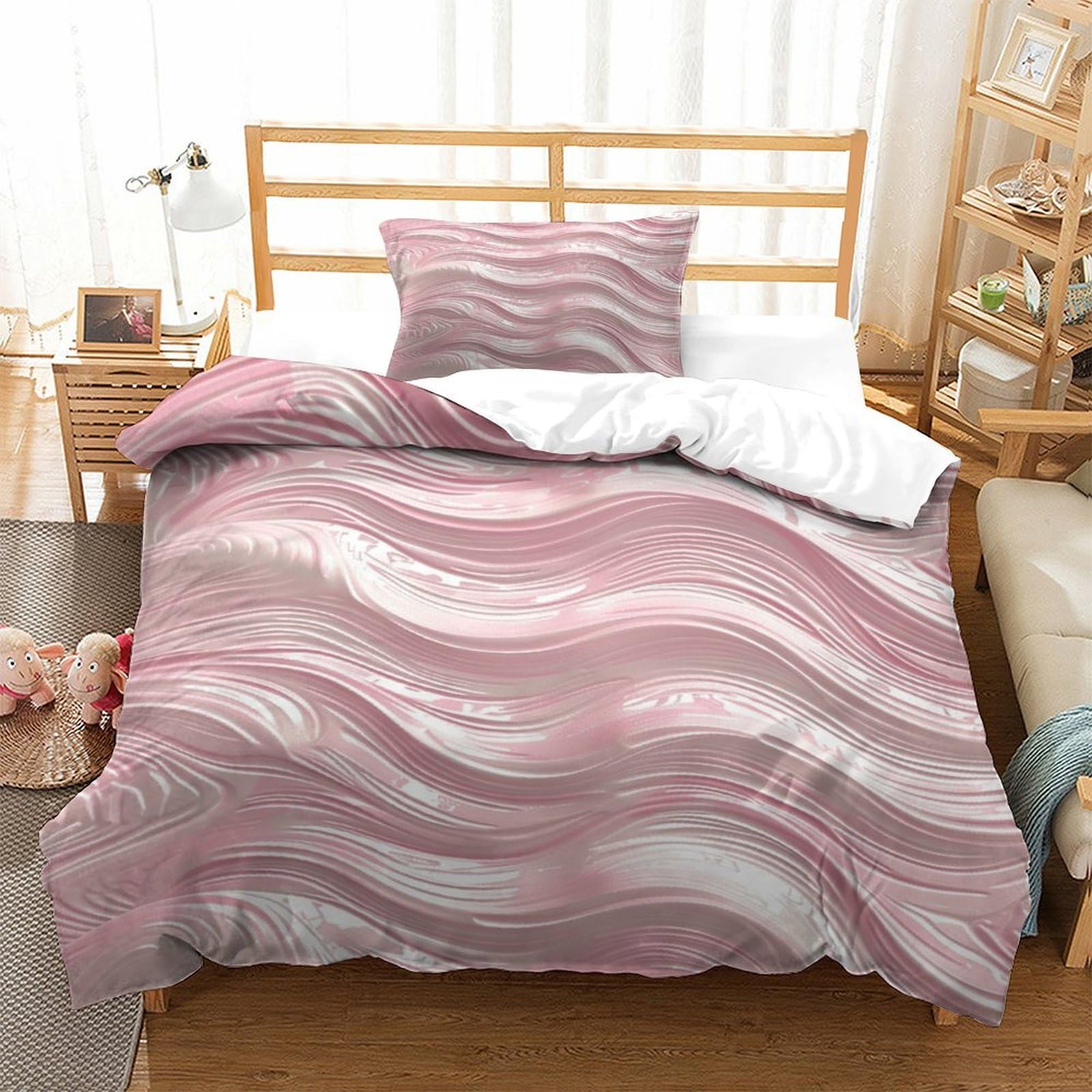 P1S9U7W5Y 3D Printed Pink Wave 3pcs Microfiber Duvet Cover Set Modern Ripple Bedding Set Single（135x200cm）