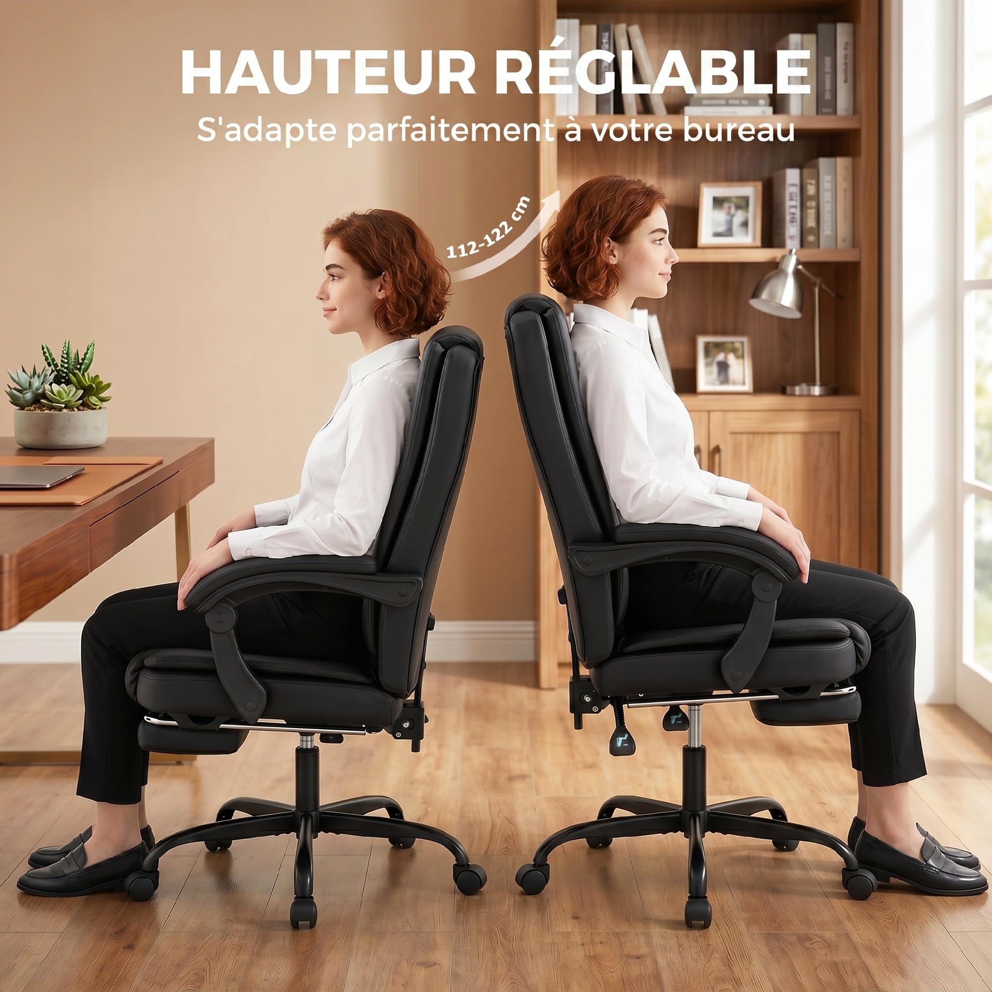 HOMCOM Chaise de Bureau Ergonomique Inclinable en PU, Repose-Pieds, Noir