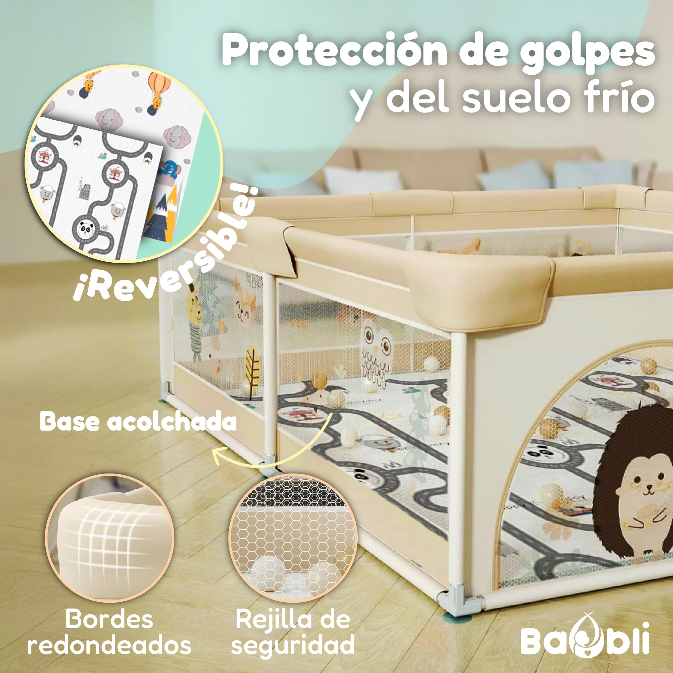 Parque Infantil Bebe + Alfombra Bebe + 60 Bolas + Agarraderas + Bolsas de Transporte – Corralito Bebe con Malla Transpirable – Parque de Juegos Bebe – Playpen Bebe (180x200 cm)