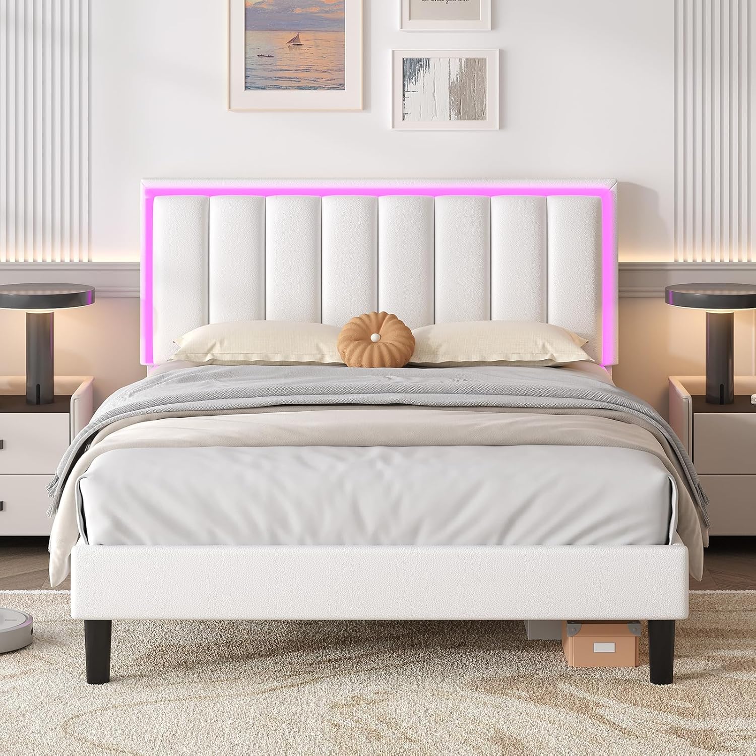 Full Size Bed Frame with LED Lights, Upholstered Bed Frame Full Size, Full Bed Frame with Headboard, No Box Spring Needed, Noise-Free, Easy Assembly, White