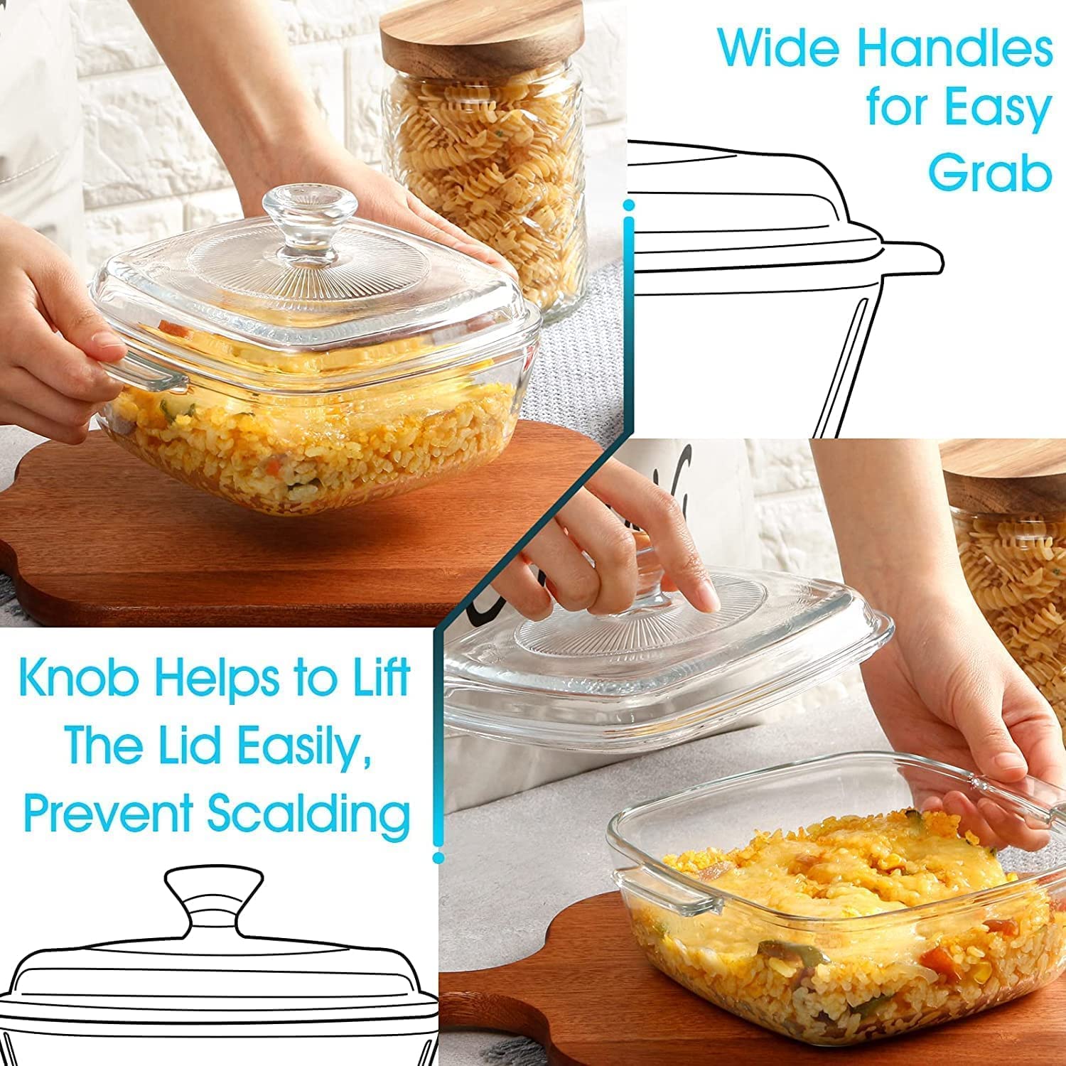 Ezalla 1000ml Glass Casserole Bowl with Lid Oven Safe Square Solid Glass Deep Casserole Bowl with Handles, Microwave Bowl with Cookware Container with lid Pack of 1