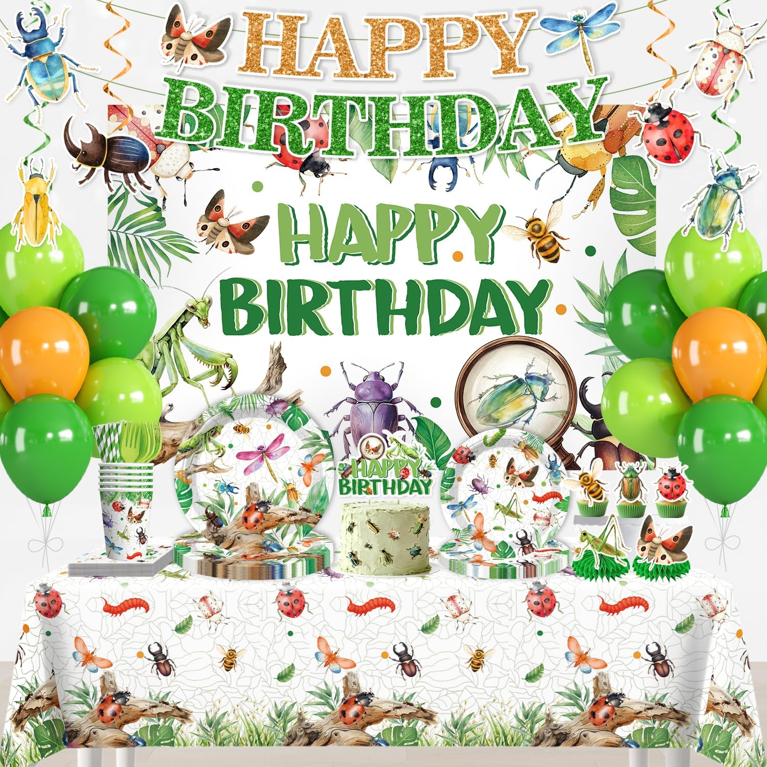 208pcs Bug Birthday Party Decorations for 25 Guests – Disposable Tableware Set with Banner, Cake Cupcake Toppers, Plates, Cups, Napkins, Tablecloths– Easy Assembly Bug Party decorations