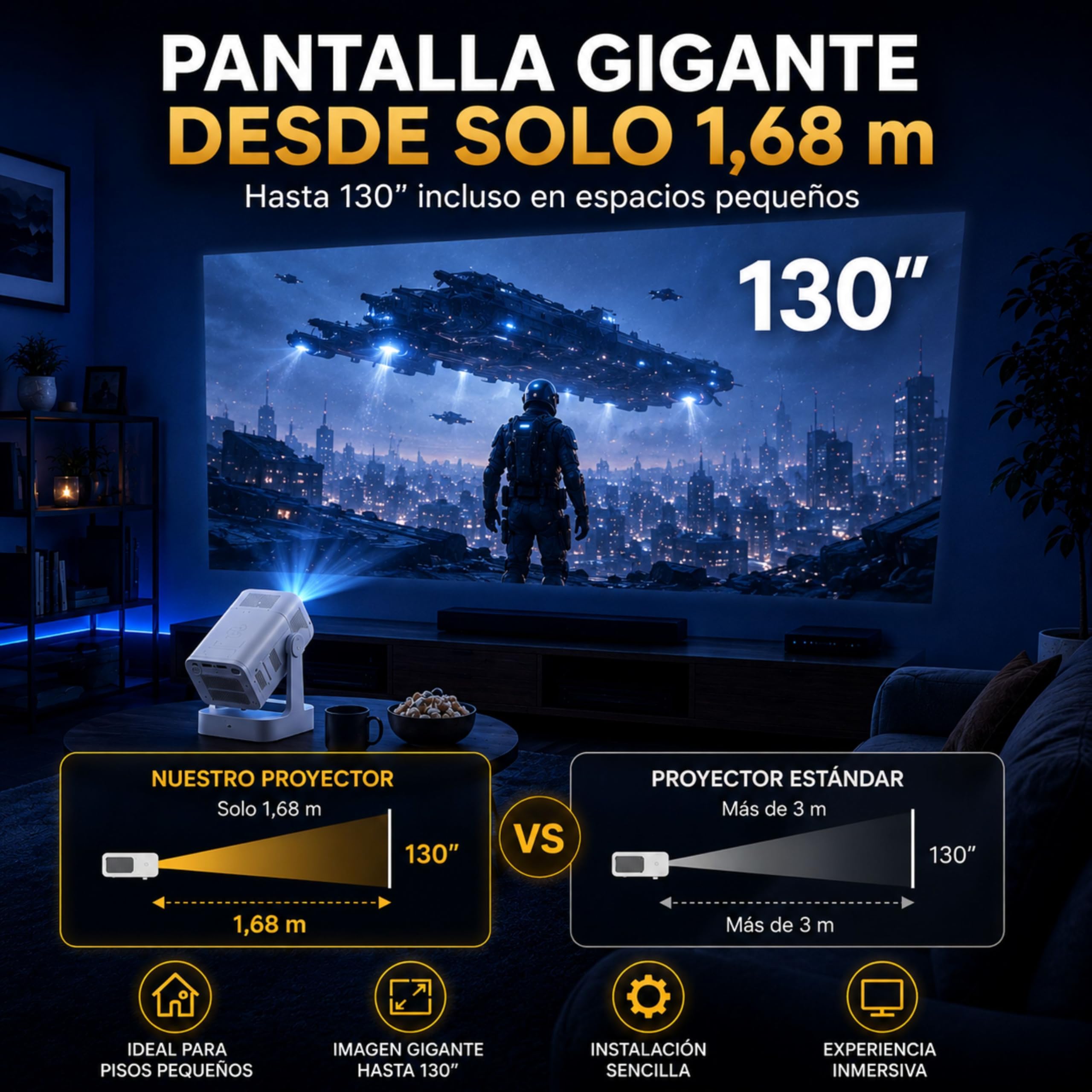Mini proiettore portatile 1080p con supporto 4K, versione migliorata 2026, proiettore TV, proiettore portatile, Android 11 Auto Focus, fino a 130 pollici di proiezione, rotazione a 180°, per soffitto