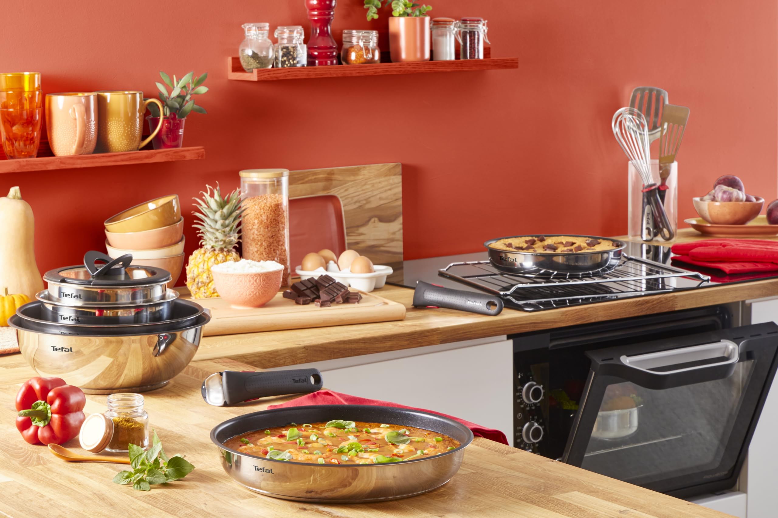 Tefal Emotion - Set di pentole da cucina, 5 pezzi, 20/24 cm, casseruole 16/18/20 cm, in acciaio inox garantito 10 anni, base di diffusione del calore, design elegante, manici robusti, induzione