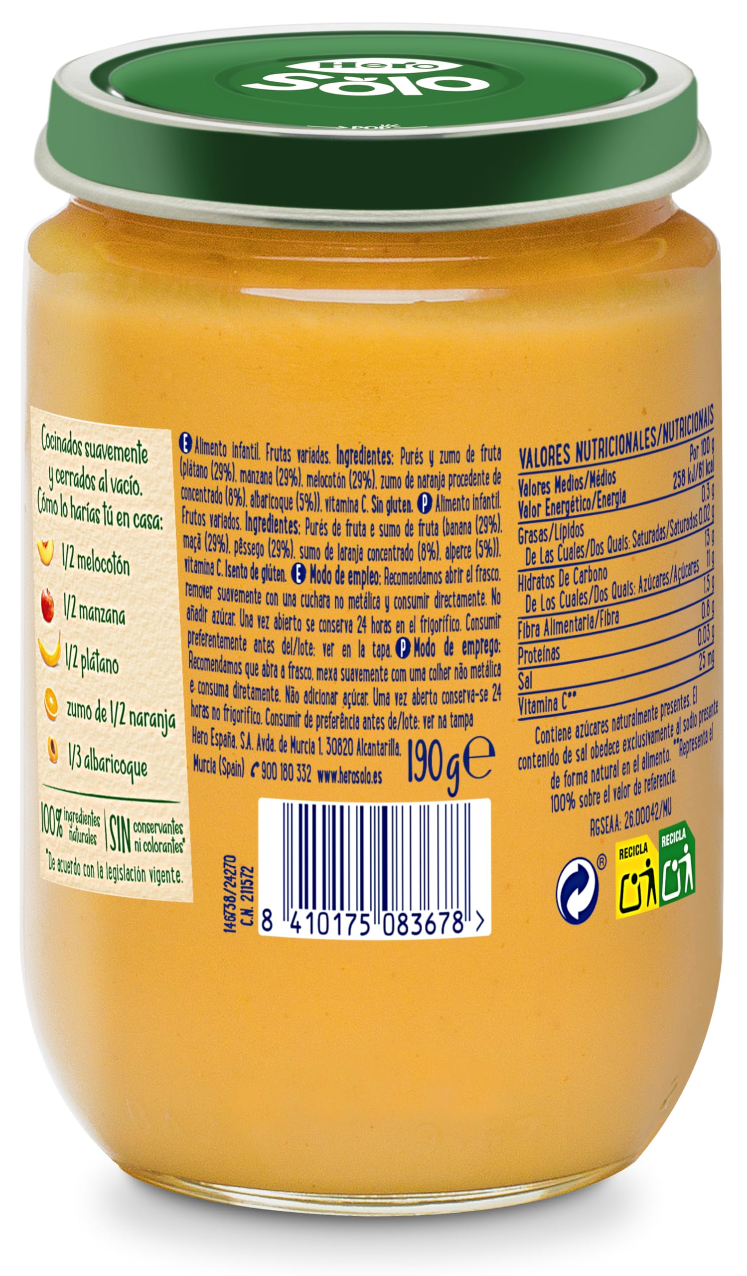 Hero Baby Tarrito Infantil Frutas Variadas Sin Aceite de Palma 12x190g