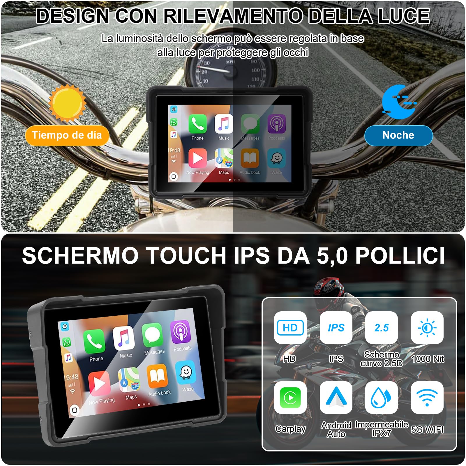 GuKKK Carpuride Pantalla CarPlay GPS para Motocicleta de 5 Pulgadas, CarPlay inalámbrico y Android Auto para Motocicletas, IP67 a Prueba de Agua,Admite Bluetooth Dual TF64, Navegación GPS Moto