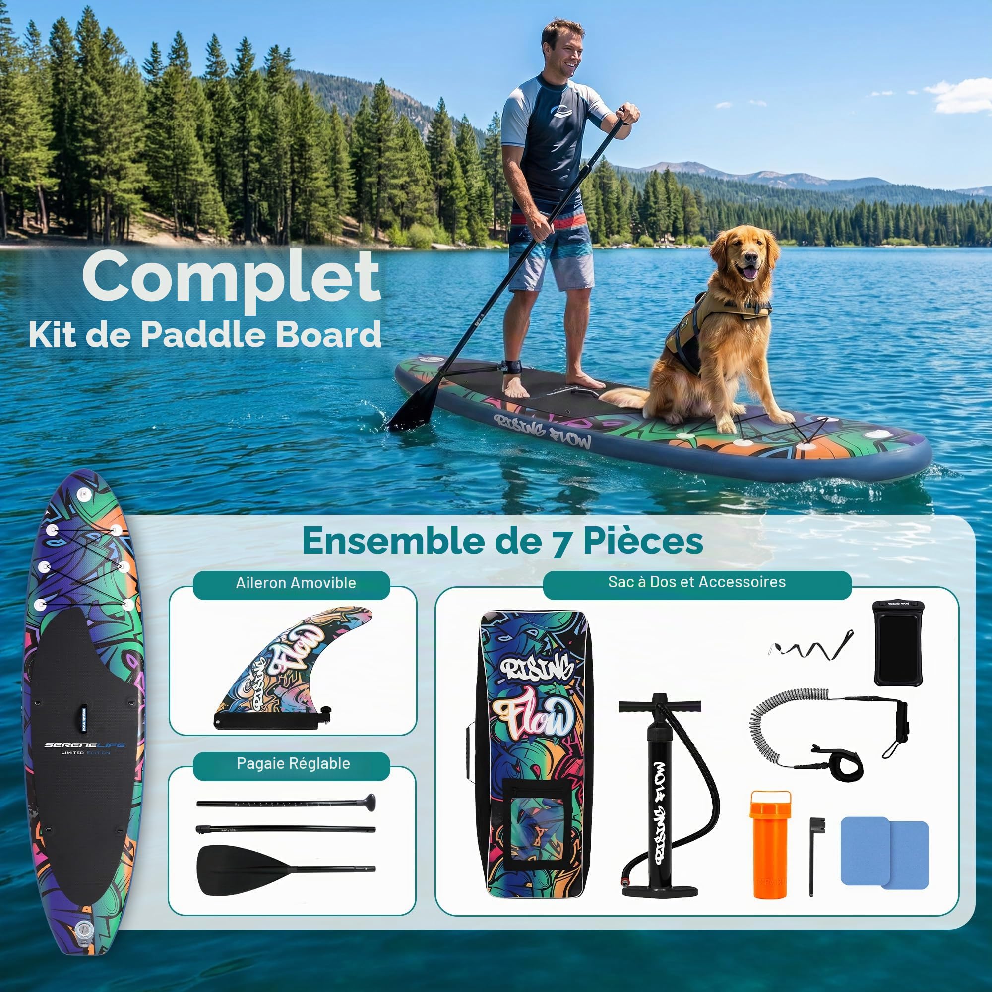 SereneLife Stand Up Paddle Gonflable Adulte 6” – Planche de Paddle avec Accessoires Sup, Sac de Transport, Pont Antidérapant, pour Mer, Lac, Rivière