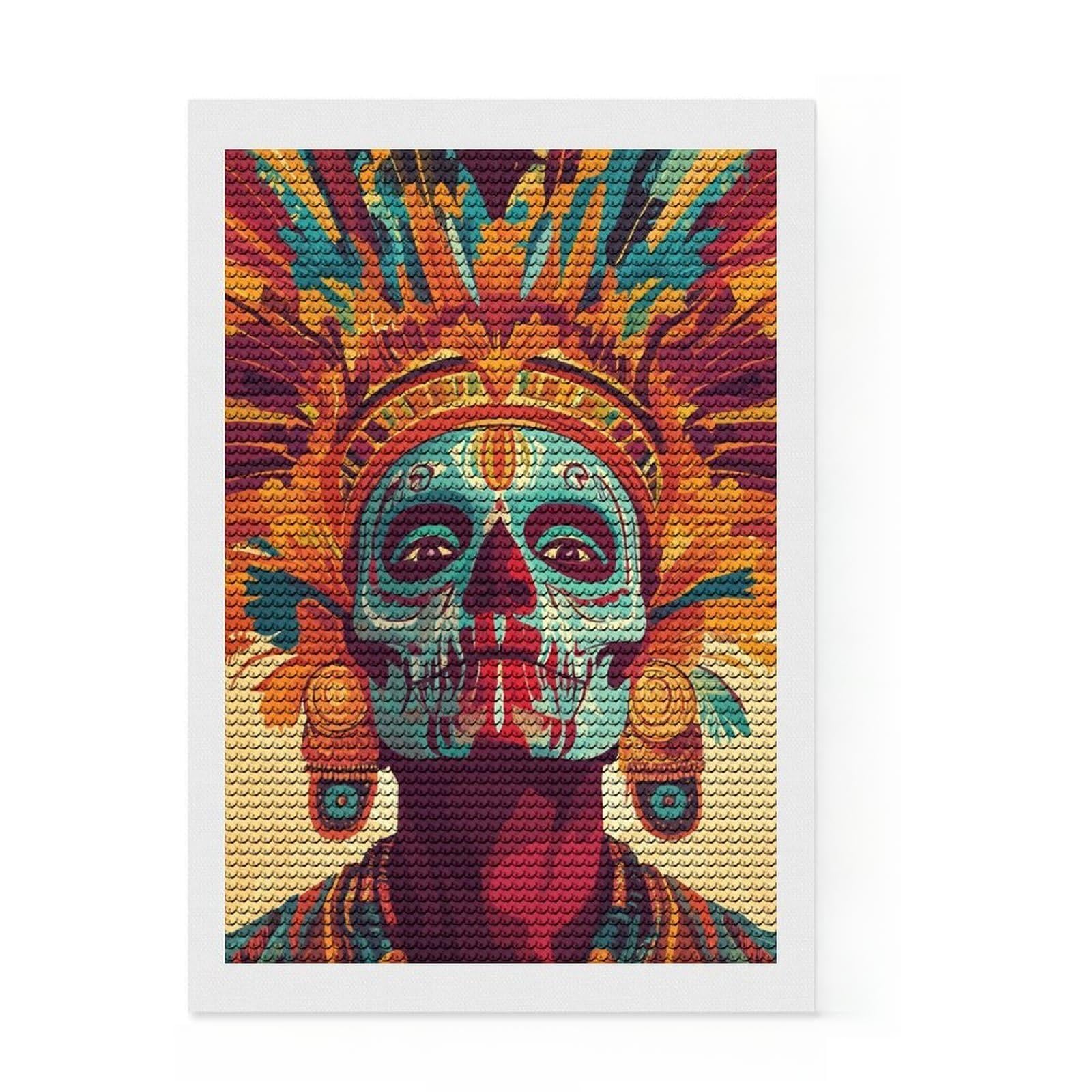 Junmoney Tribal Skull Face Paint Diamond Painting Set 8"x12", Mindful Craft Activity, Sparkling Round Gems, Living Room Decor, Birthday Gift