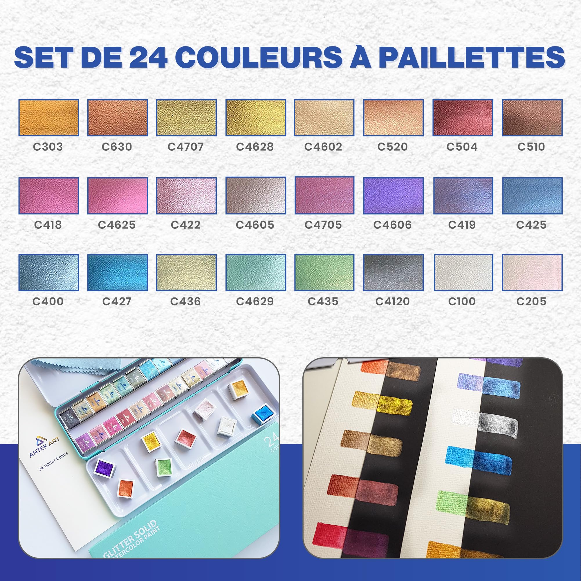 Set de Peinture Aquarelle Métallique, 24 Couleurs dans Mallette Portable avec Palette