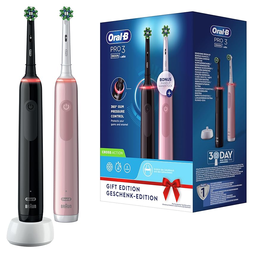 Immagine del prodotto Oral-B Spazzolino Elettrico Ricaricabile Pro 3 3900N, Sensore di Pressione Luminoso, Batteria a Lunga Durata, 3 Testine, 2 Spazzolini Elettrici, Nero e Rosa, Idea Regalo