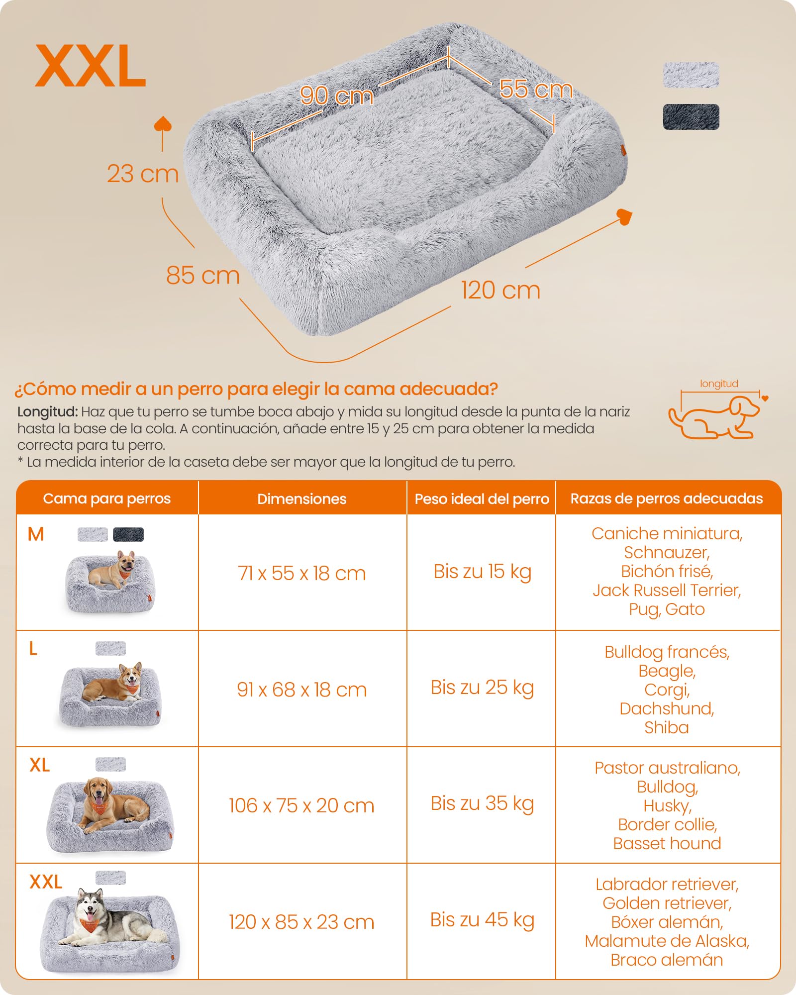 Feandrea Cama para Perros, Sofá para Perros Extra Grandes, 120 x 85 x 23 cm, Cojín para Mascotas, Relleno Suave, Bordes Elevados, Funda Extraíble y Lavable, Antideslizante, Gris Ombré PGW274GA01