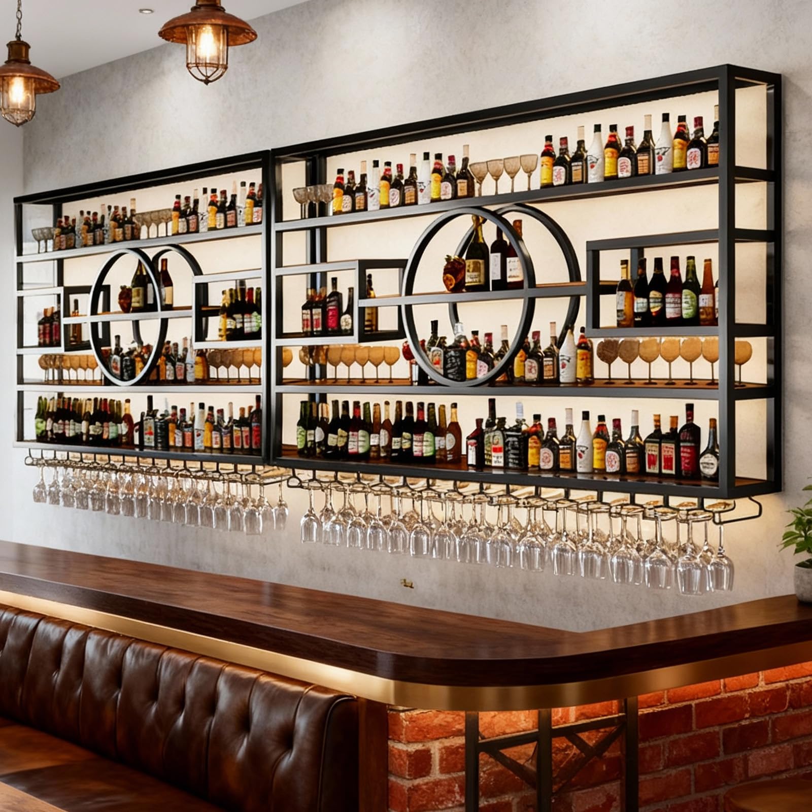 126in Wine Rack Wall Mounted, Large Capacity Hanging Wine Bottles Display Shelf with Glasses Holder, 4 Tier Industrial Bar Liquor Storage Shelves for Home Bar Kitchen,Living Room (Black, 126in)