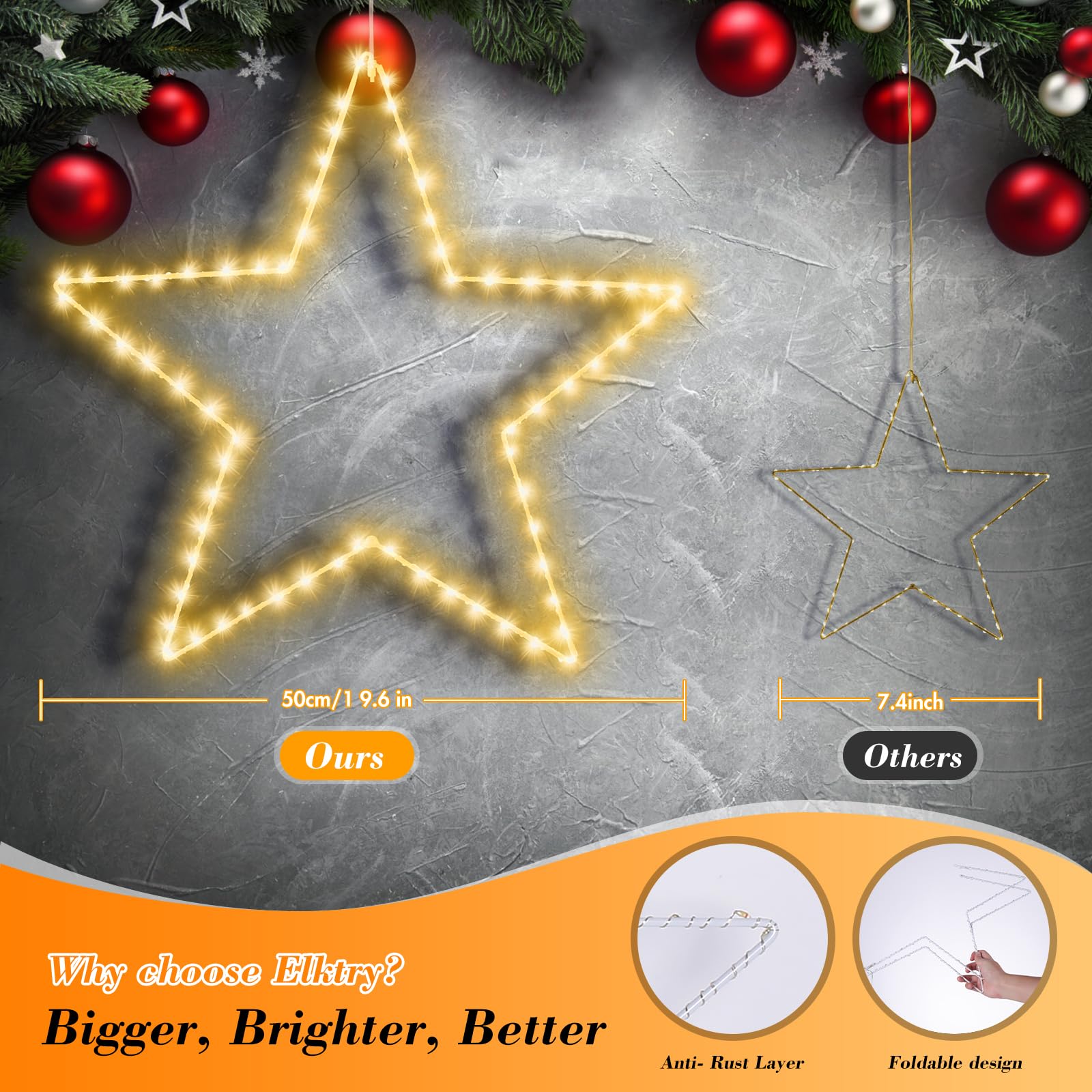 Weihnachtsdeko mit 2 große 50CM Metall Sterne, 140 LED Weihnachtsstern Beleuchtung Innen Batterie Warmweiß faltbar 8 Modi Wasserdicht Weihnachtsbeleuchtung Außen mit Timer