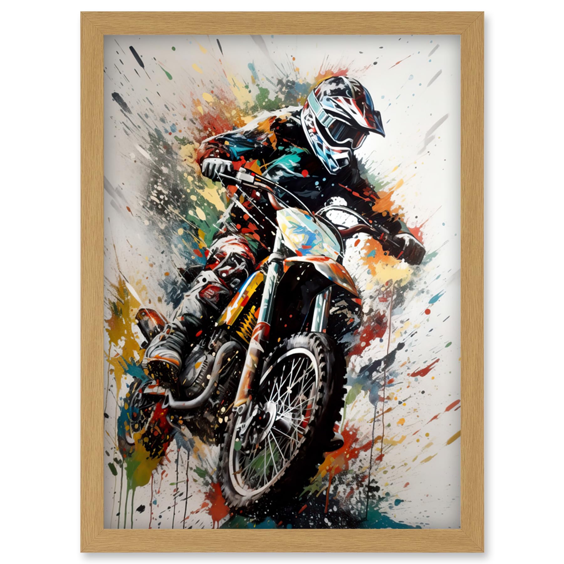 Artery8 Motocross Racer Paint Splat Action Shot Portrait Artwork Framed Wall Art Print A4