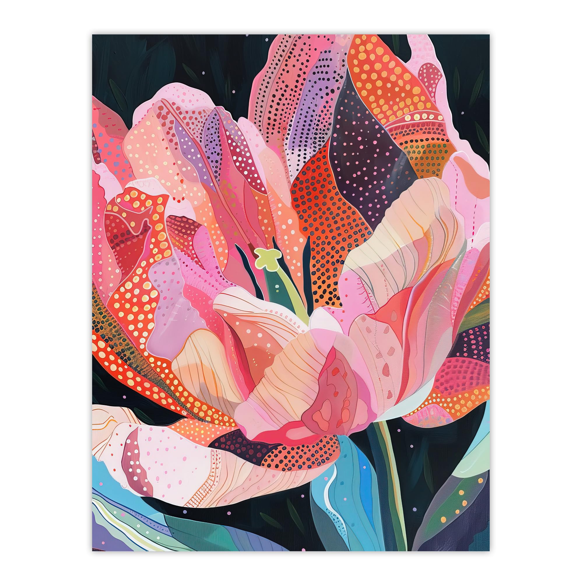 Pink Trumpet Lily Flower Wall Art Print - Colourful Folk Patterns - Artery8 - W24 inch x H32 inch