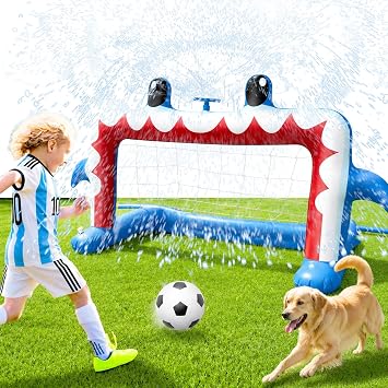Intoypad Water Sprinkler Soccer Toys, Inflatable Shark Soccer Goal with a Soccer Ball for Backyard Pool Outdoor Play, Summer Water Games Outside Yard Pool Gifts Toys for Boys Girls Kids Ages 3-8