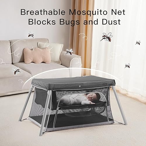 Miniatura 4 de Cuna de viaje portátil 2 en 1 para niños pequeños, cuna plegable para bebé, corralito ligero plegable con colchón suave, cama de viaje para bebé