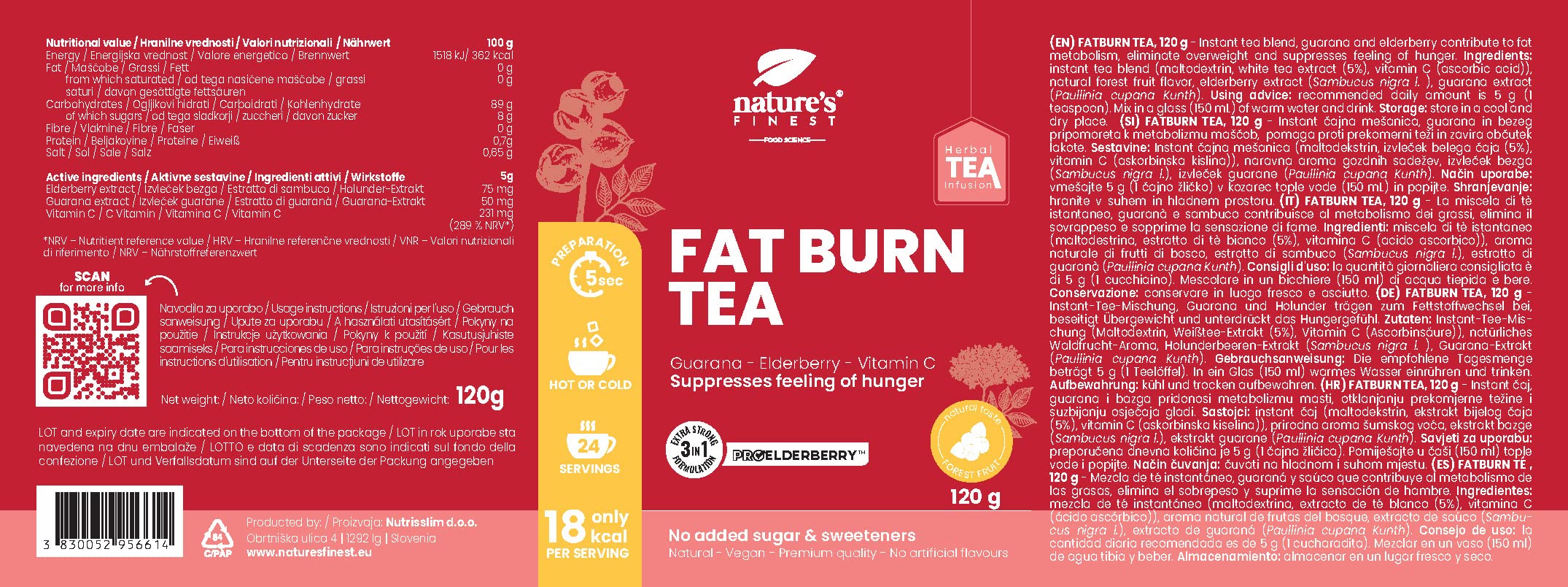 Nature's Finest Burn Tea, Té Instantáneo 600 g (Paquete de 5) | té instantáneo con té blanco, guaraná, saúco y vitamina C - sabor frutos del bosque - sin edulcorantes - se disuelve en agua