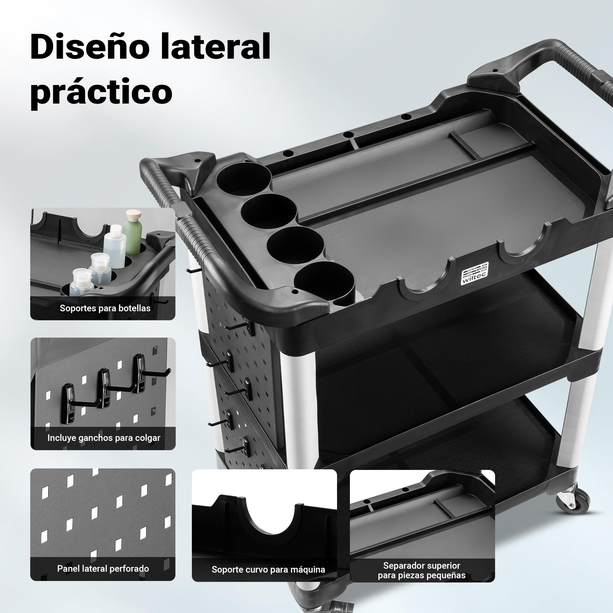 Wiltec Carro de 3 Niveles Tipo 02 con Capacidad de Carga de 120 kg, Carro de Taller 67 x 43,5 x 97 cm de plástico