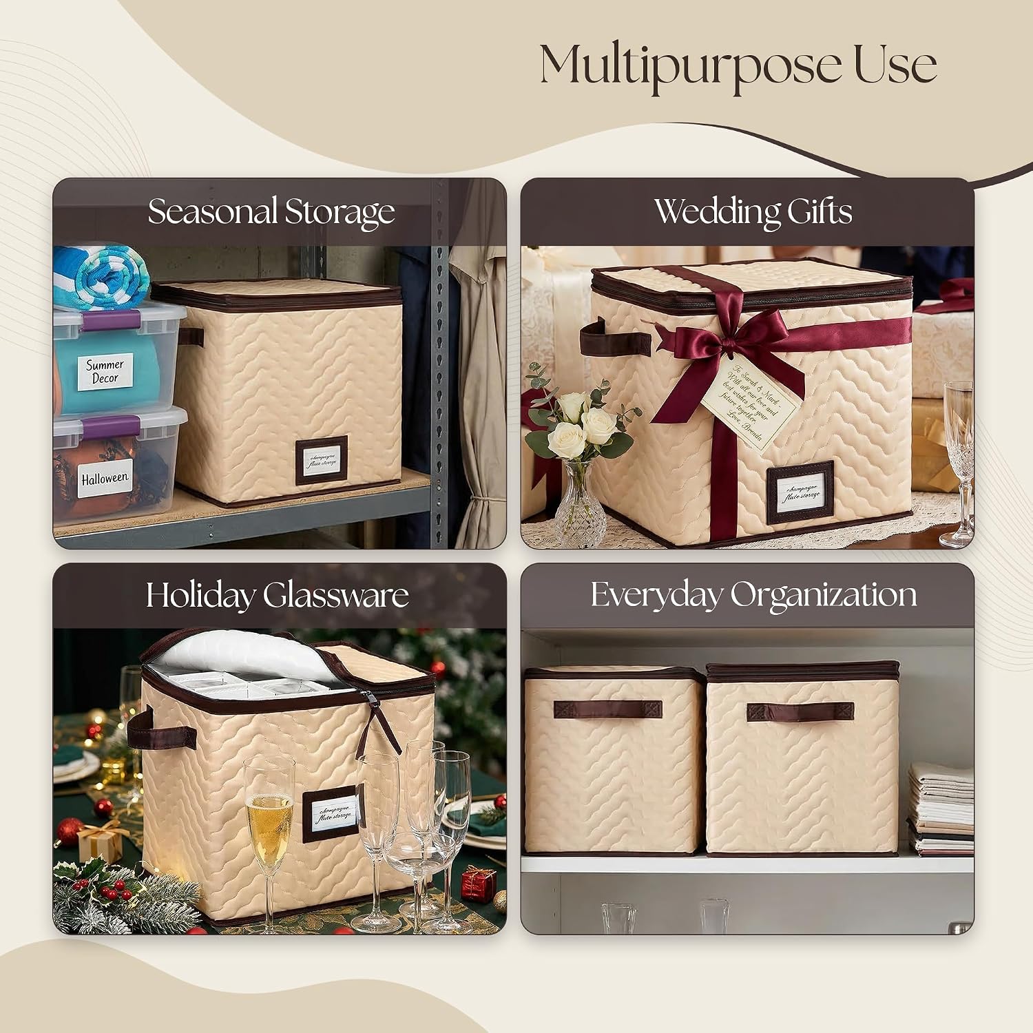 Champagne Flute Storage Boxes with Dividers - Set of 2 - Each Holds 12 Glasses up to 3.75" Wide - Quilted Microfiber Case with Handles - Protects Stemware - Ideal for Champagne & White Wine Glasses