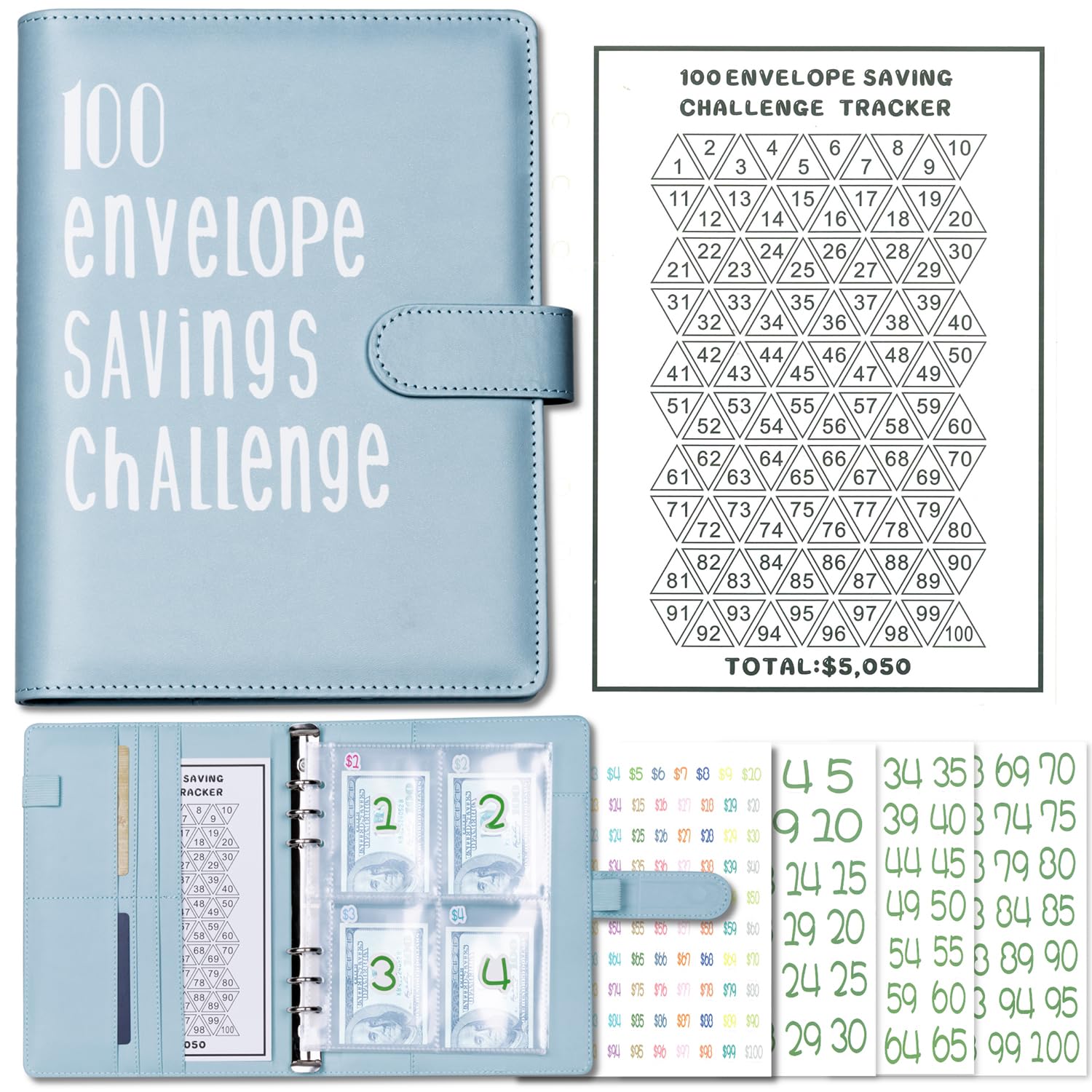 v2croft 100 Envelope Challenge Binder, Budget Binder with Cash Envelopes, Easy and Fun Way to Save $5,050, Money Saving Planner Book (Blue)