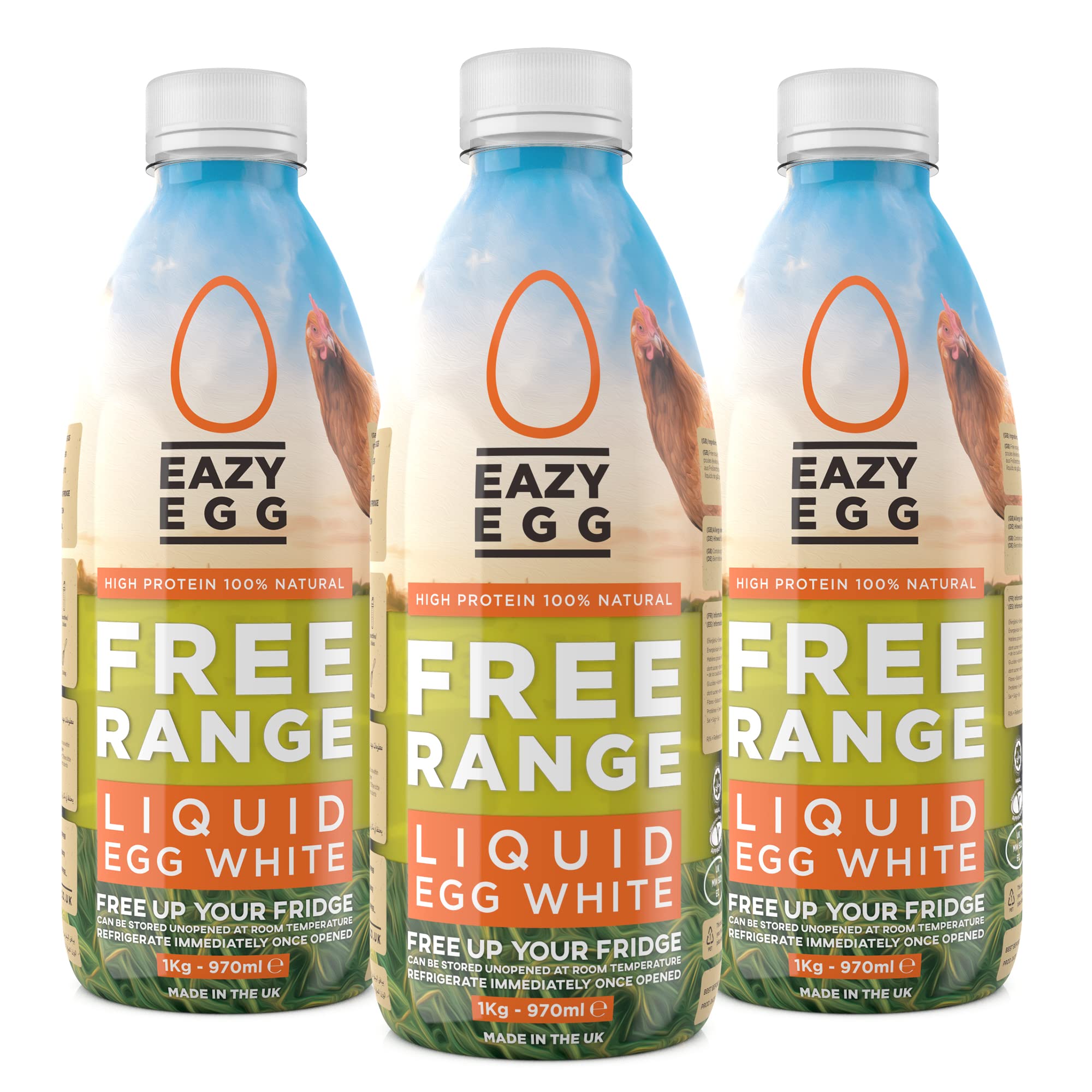 Eazy Egg Free Range Egg Whites Liquid 3 x 1L | Made in The UK from Eggs Free Range | Ambient Storage & 6 Month Shelf Life | for Baking, Shakes, Omelettes & Cocktails