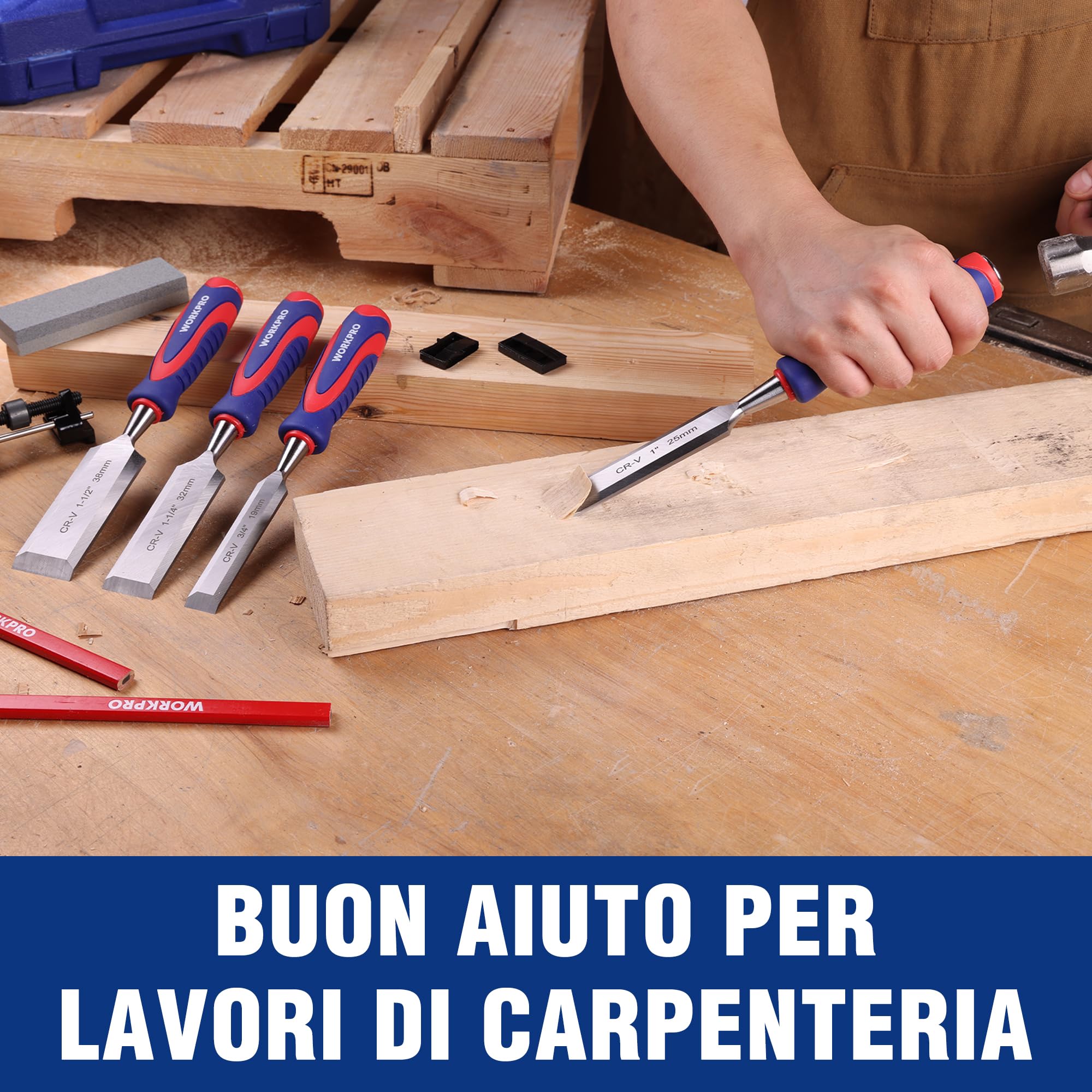 WORKPRO Set Scalpelli per Legno Professionale da 10 Pezzi, con Custodia, 6 Scalpelli (6/13/19/25/32/38 mm) in Acciaio Cr-V, Pietra per Affilare, 2 Matite, Sgorbie per Lavori in Legno