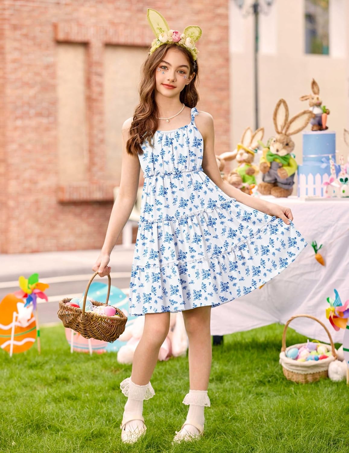 Arshiner Girls' Summer Sundress Boho Spaghetti Strap Ruffled Tiered Dresses Casual Midi Cami Dress