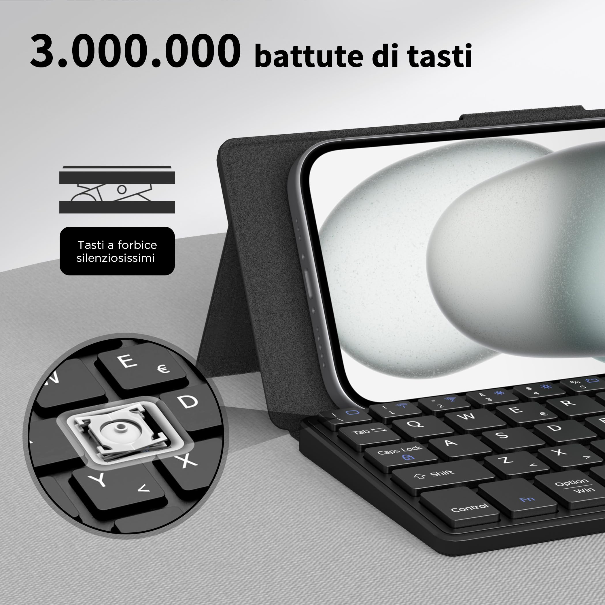 CACOE Tastiera Bluetooth Con Supporto, Mini Portatile Super Leggero, Pieghevole, A Doppio Canale per Cellulare, Smartphone e Altro iOS Android Windows, Nero