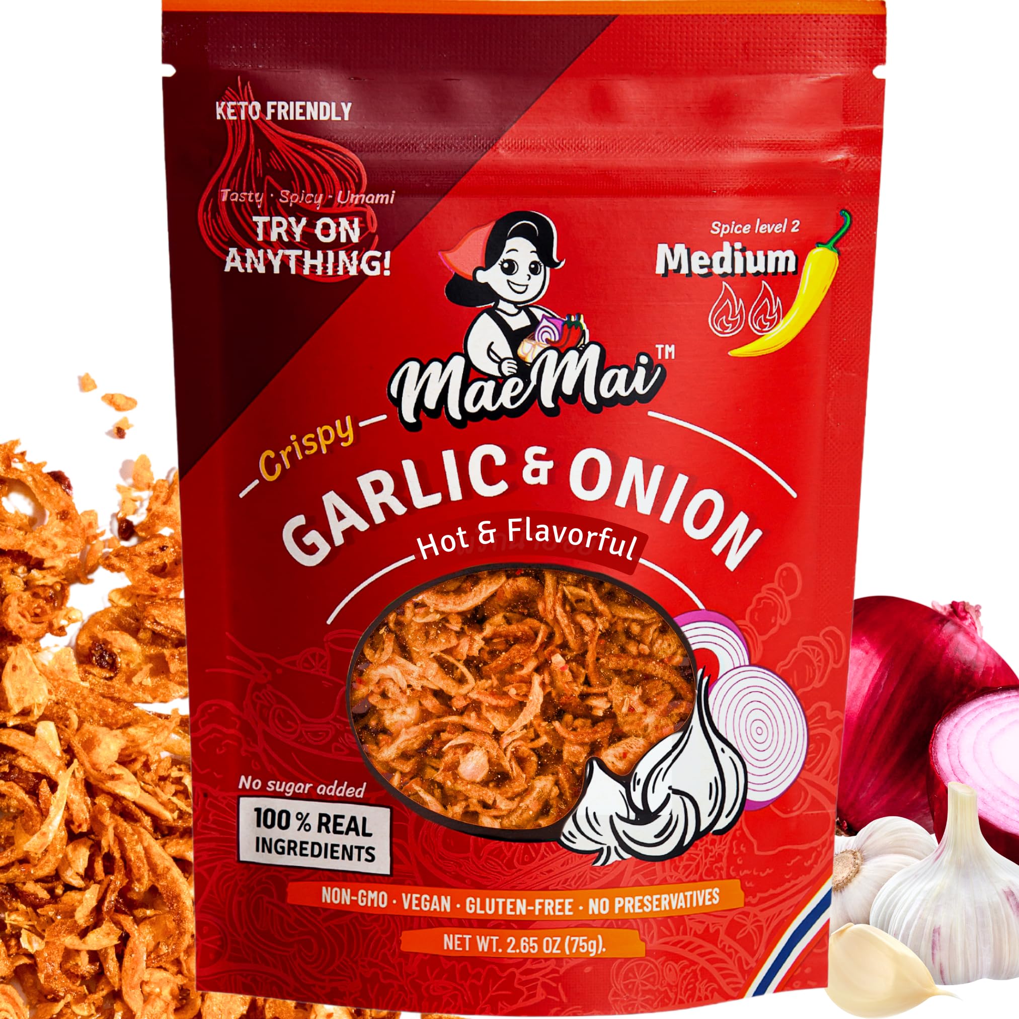 - MaeMai Medium Spice (SPICY) - Crispy Onions & Garlic Flakes - Crunchy All-Purpose Seasoning, Keto, Salad Toppings, Fried Onions - Ramen, Rice Seasoning, Vegan, Gluten-free | 3.17oz (90g)