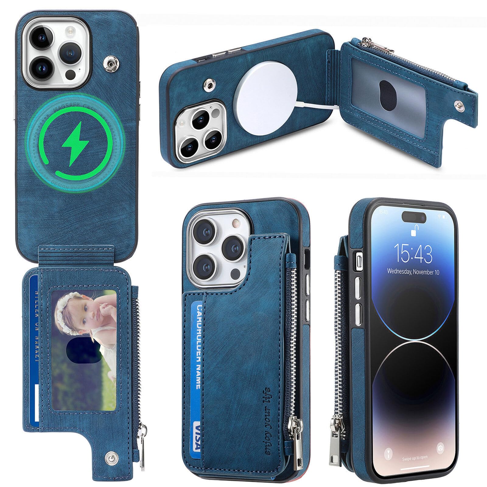 Étui iPhone 13 Pro Max bleu cuir anti rayure à rabat - 8