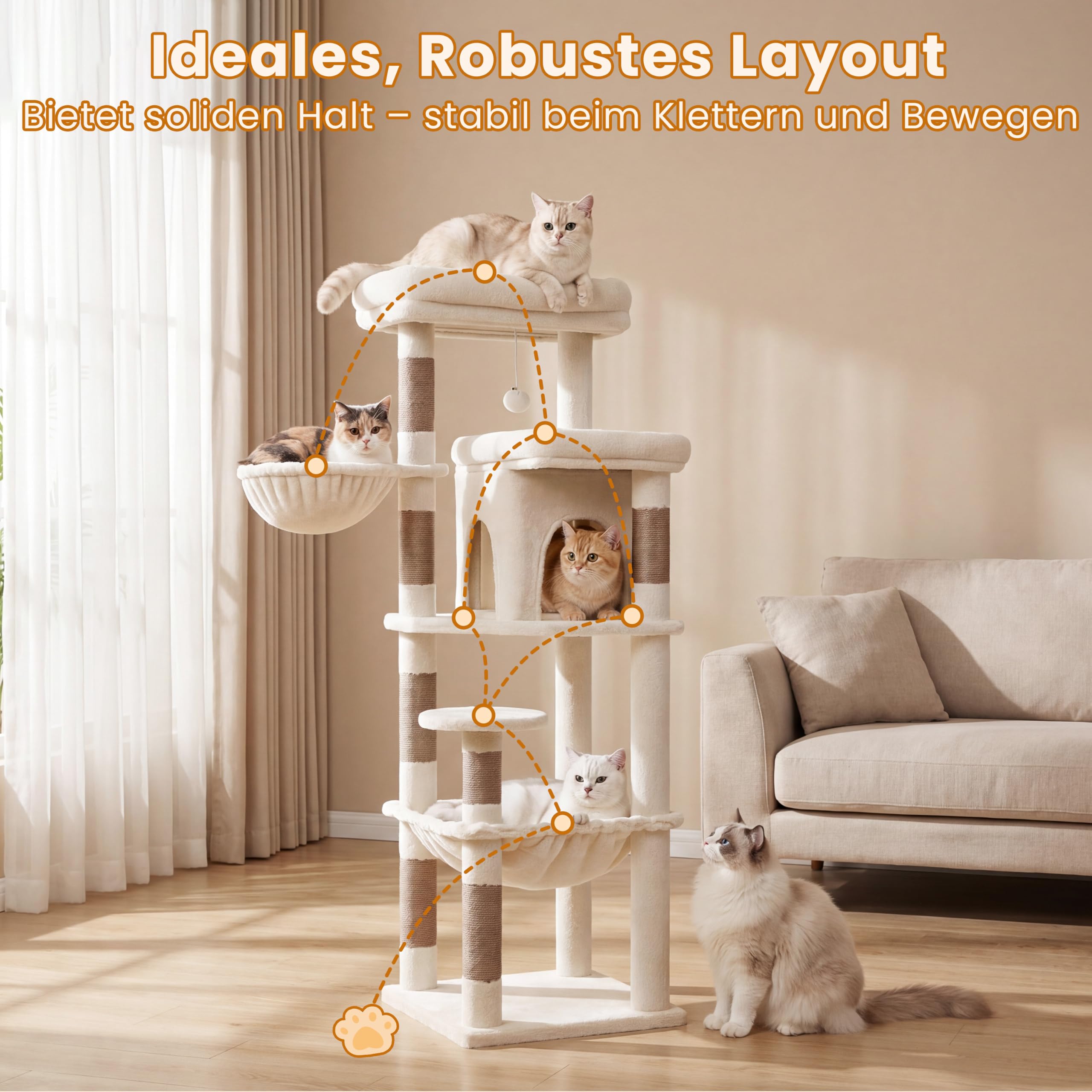 Heybly kratzbaum 142 cm mit Leichtem Aufstieg, 2 Ruheplattformen, Katzenhöhle, Hängematte und Korb, Natursisal-Kratzstämme, ideal für Wohnungskatzen, Beige HCT028MJ