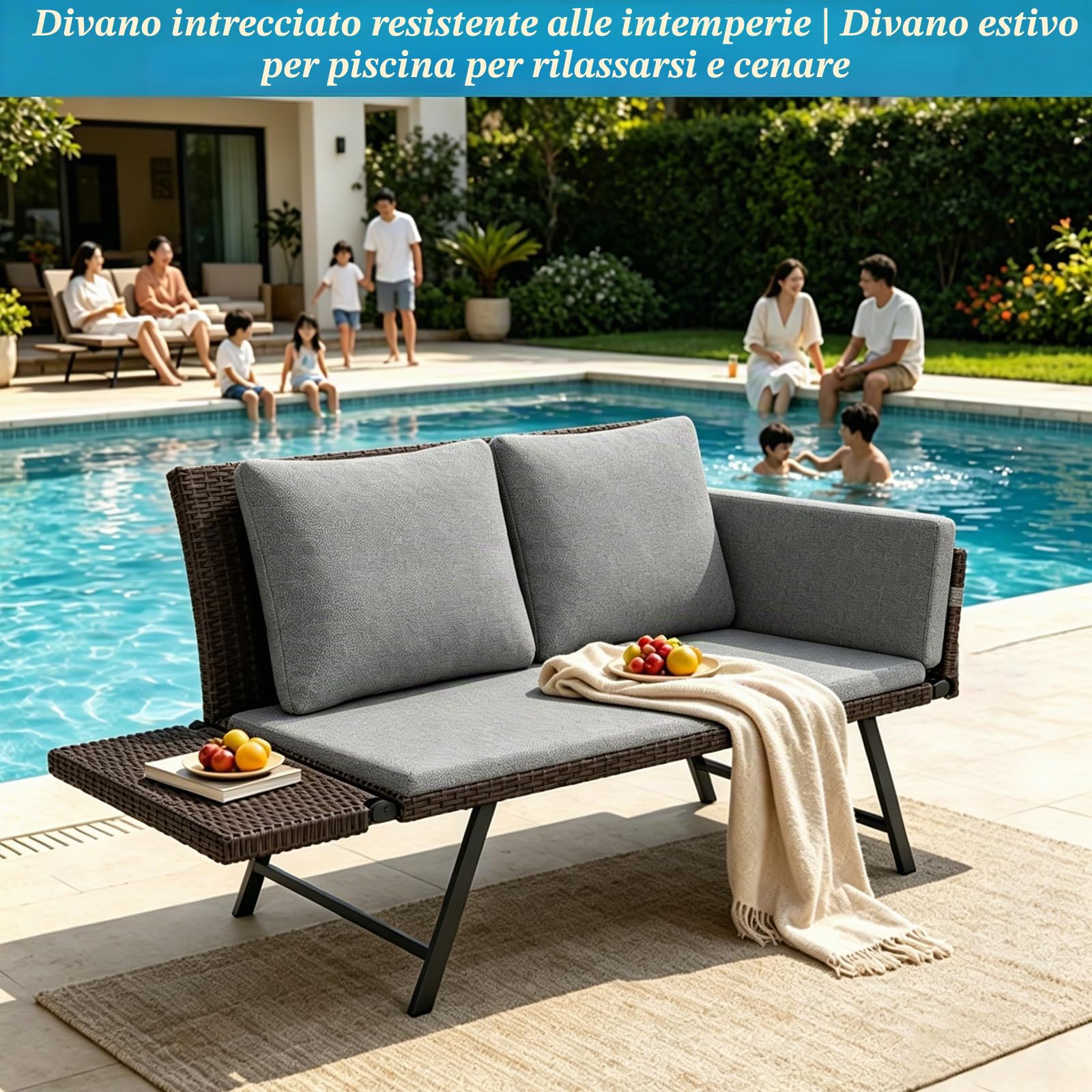 Divano da giardino a 2 posti con funzione allungata, divano regolabile, braccioli pieghevoli, divano letto esterno con cuscino, panca da giardino in polyrattan per mobili da balcone, terrazza
