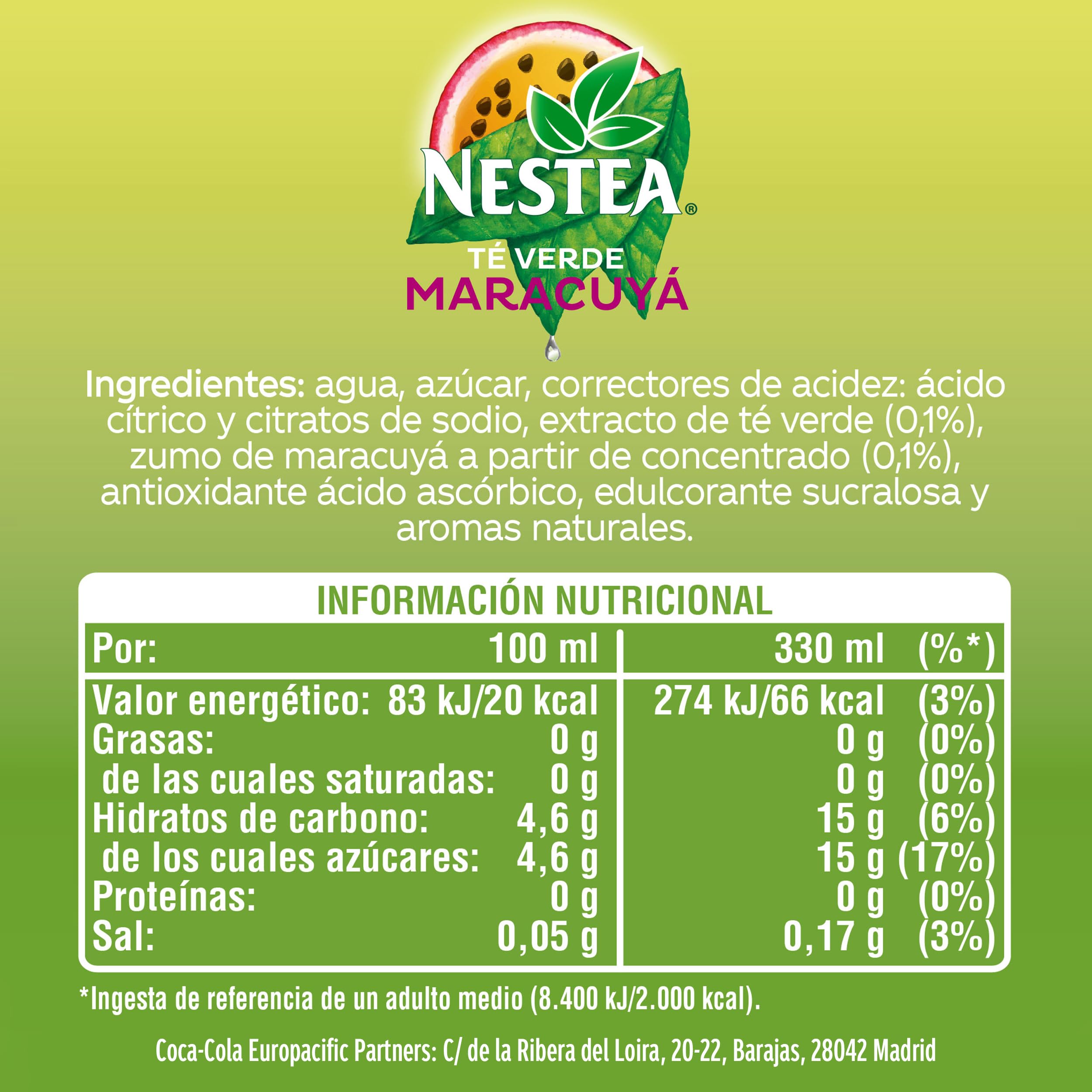 Nestea Té Verde con Maracuyá Refresco sin gas Bajo en calorías Lata 330 ml Pack 24