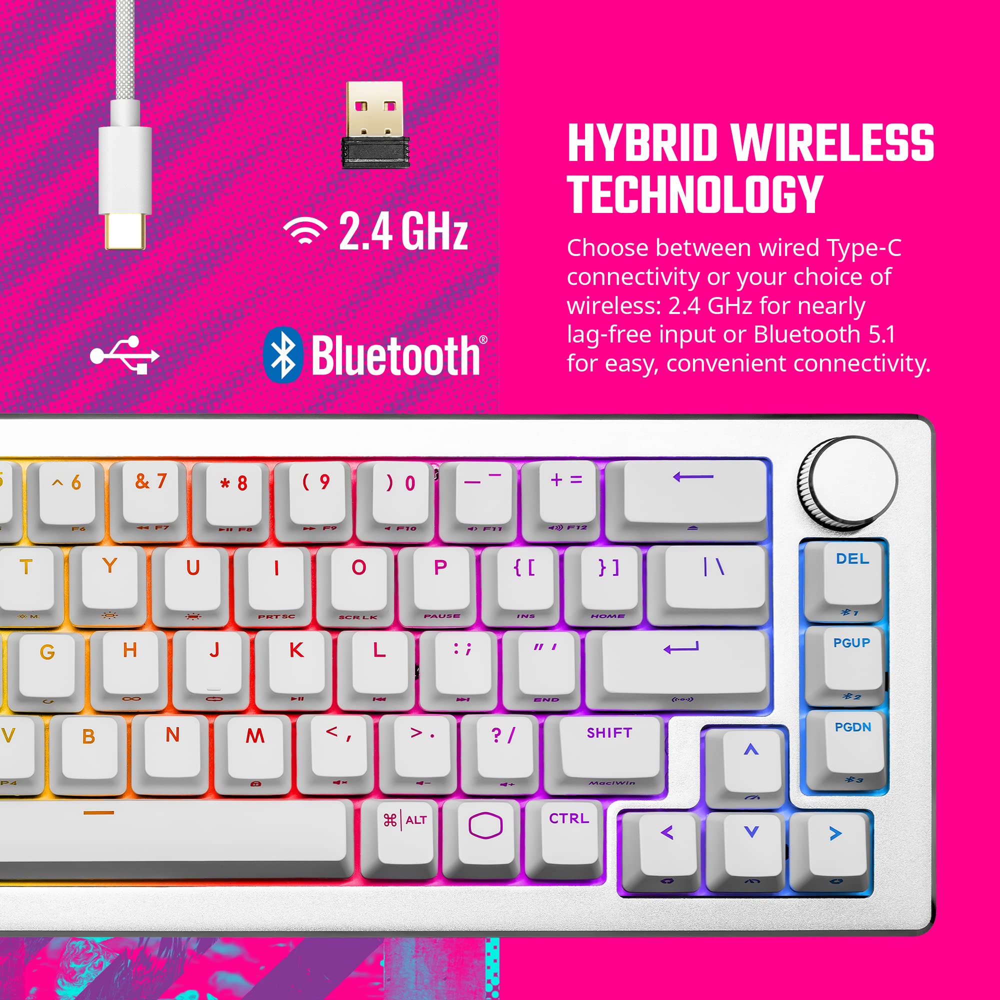 Cooler Master SK652 Teclado mecánico Completo para Juegos de Perfil bajo, interruptores Azules Clic, RGB Personalizable, diseño ergonómico, conectividad USB-C, Mac/Windows, QWERTY (SK-652-SKTL1-US)