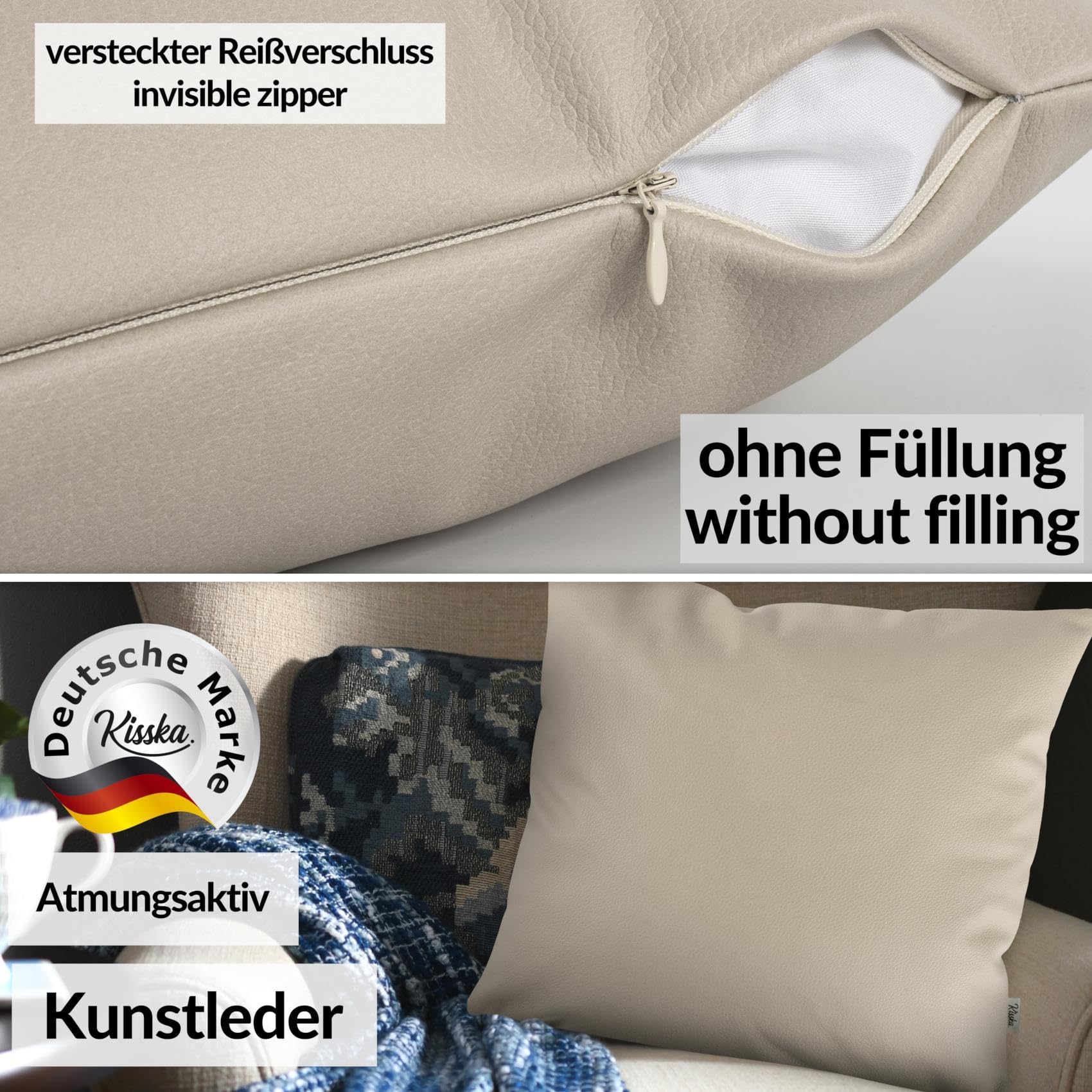 Kissenbezug Kunstleder Dekokissen Sofakissen Leder-Kissenbezüge Kissenhülle Kissen KUMO Beige 40x40cm ohne Füllung
