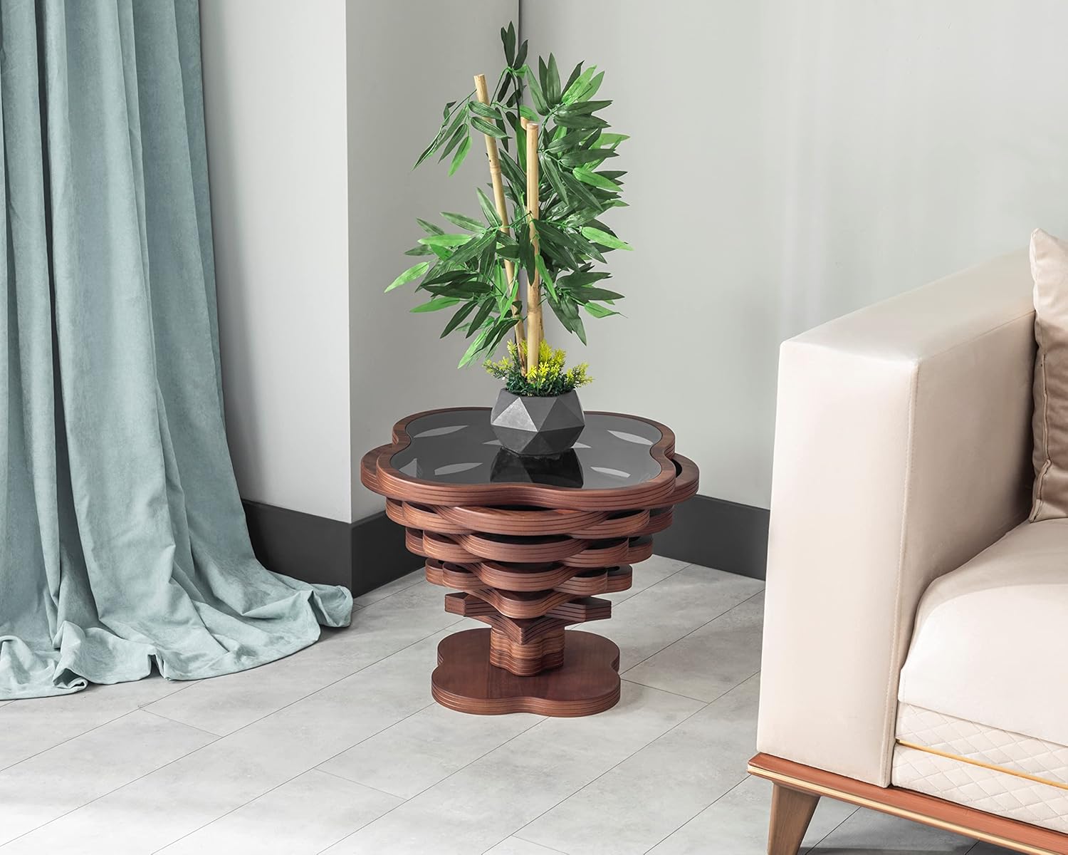 Cloud Side Modern Wood Side Table – Layered Cloud-Like Shape with Smoked Glass Top, Elegant Walnut Finish