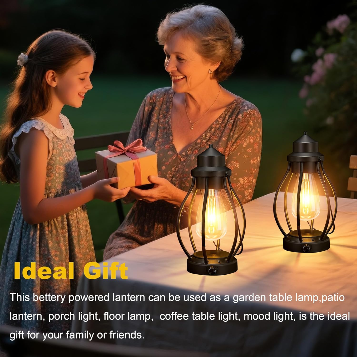 Battery-Powered LED Lanterns Vintage Lights for Christmas, 2 Pack Rechargeable Lantern with Dimmerble Warm White Edison Bulb, Waterproof Hanging Light Table Lamp for Outdoor & Indoor Decorative