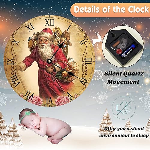 Miniatura 3 de godblessign Reloj de pared de esquí de Papá Noel de Navidad, funciona con pilas, fácil de leer, reloj redondo de Navidad, silencioso, sin tictac,