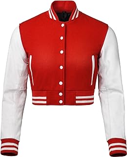 Sponsored Ad - Cropped Varsity Jacket Women - Premium Quality Leather and Wool Baseball Letterman Jacket for Women's, Long...