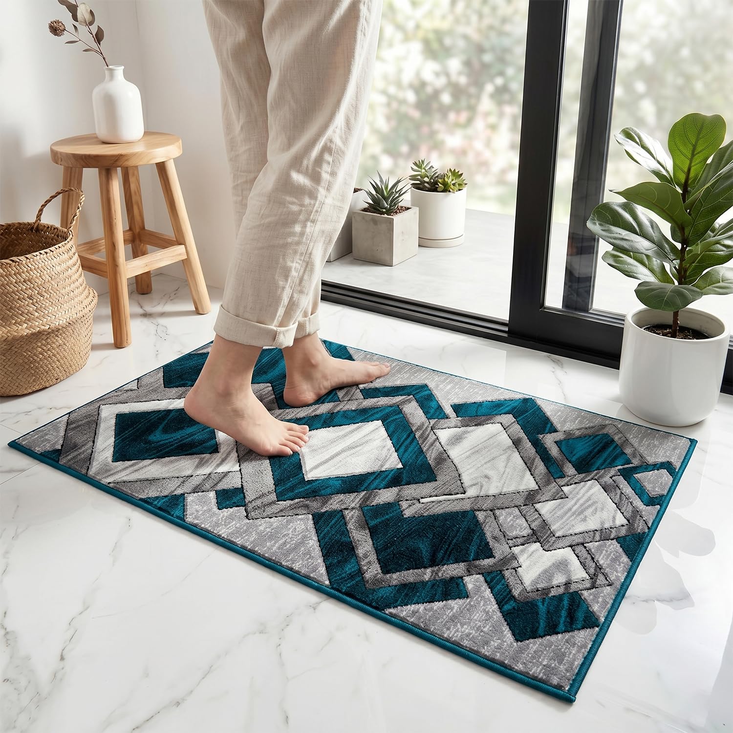 B&B Shaggy Door Mat Indoor -Soft Thick Meium Pile Flatweave Geomtric Pattern Solid Non Shed WashableKitchen Floor Mats and Welcome Doormat - 50 x 80 cm - Teal