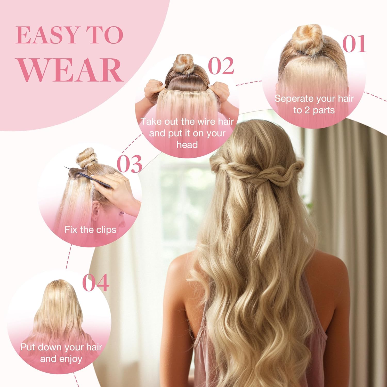 GOO GOO Wire Hair Extensions Human Hair, #P8B/60B 16inch 95g, Invisible Wire Hair Extensions with Transparent, Seamless Fish Line Hairpiece
