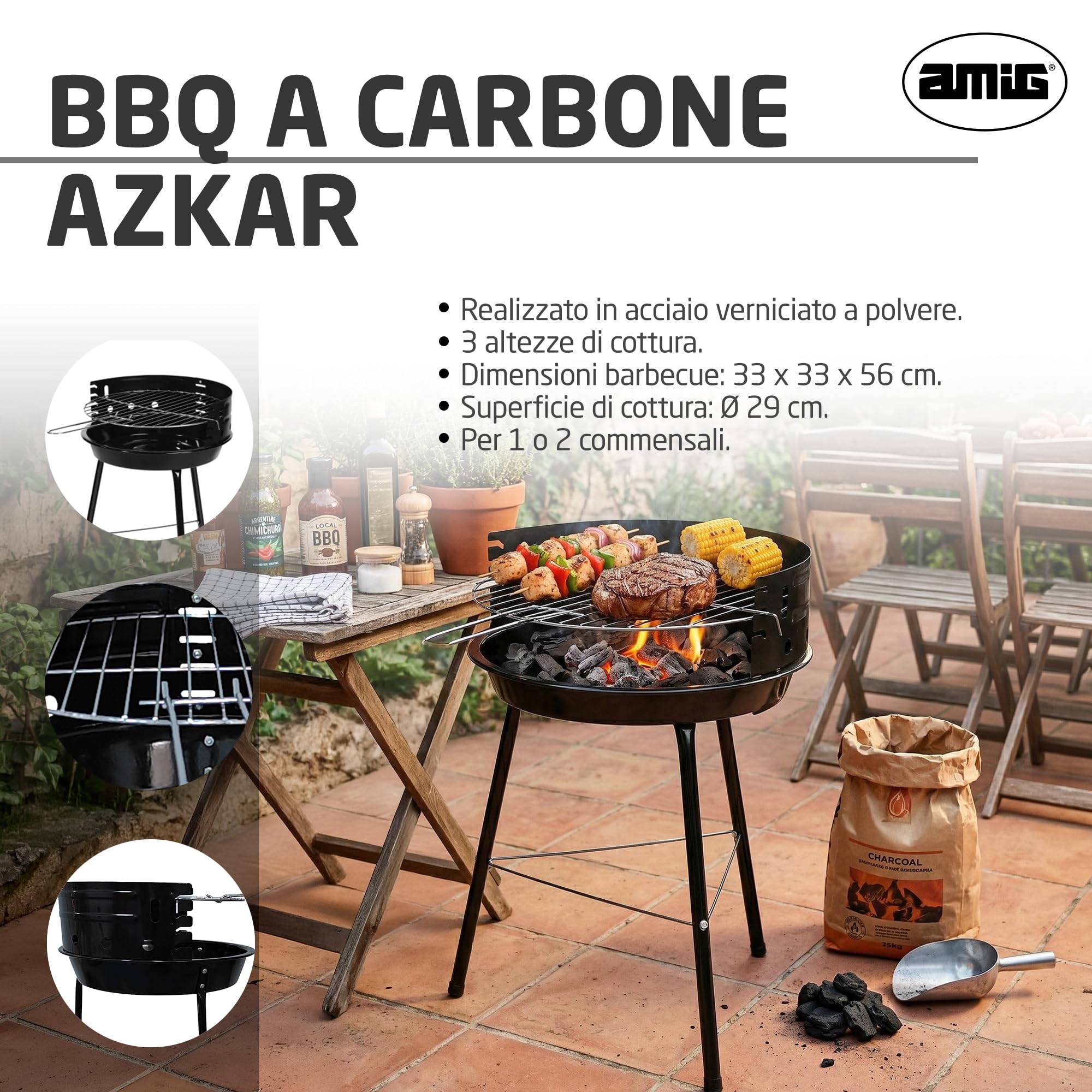 Amig - Barbecue a carbone - 33 x 35 x 56 cm - Nero - Realizzata in Acciaio - Giardino e patio - per terrazza e balcone con dimensioni adatte a spazi piccoli, uso pratico. Mod. AZKAR
