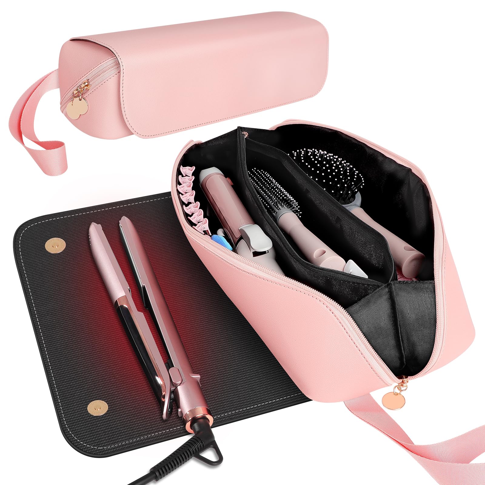 SS 2 in 1 Hair Tools Travel Bag with Heat Resistant Mat, Flat Iron Travel Case for Curling Iron, Hair Straightener, Fat iron, Waterproof Toiletry bag